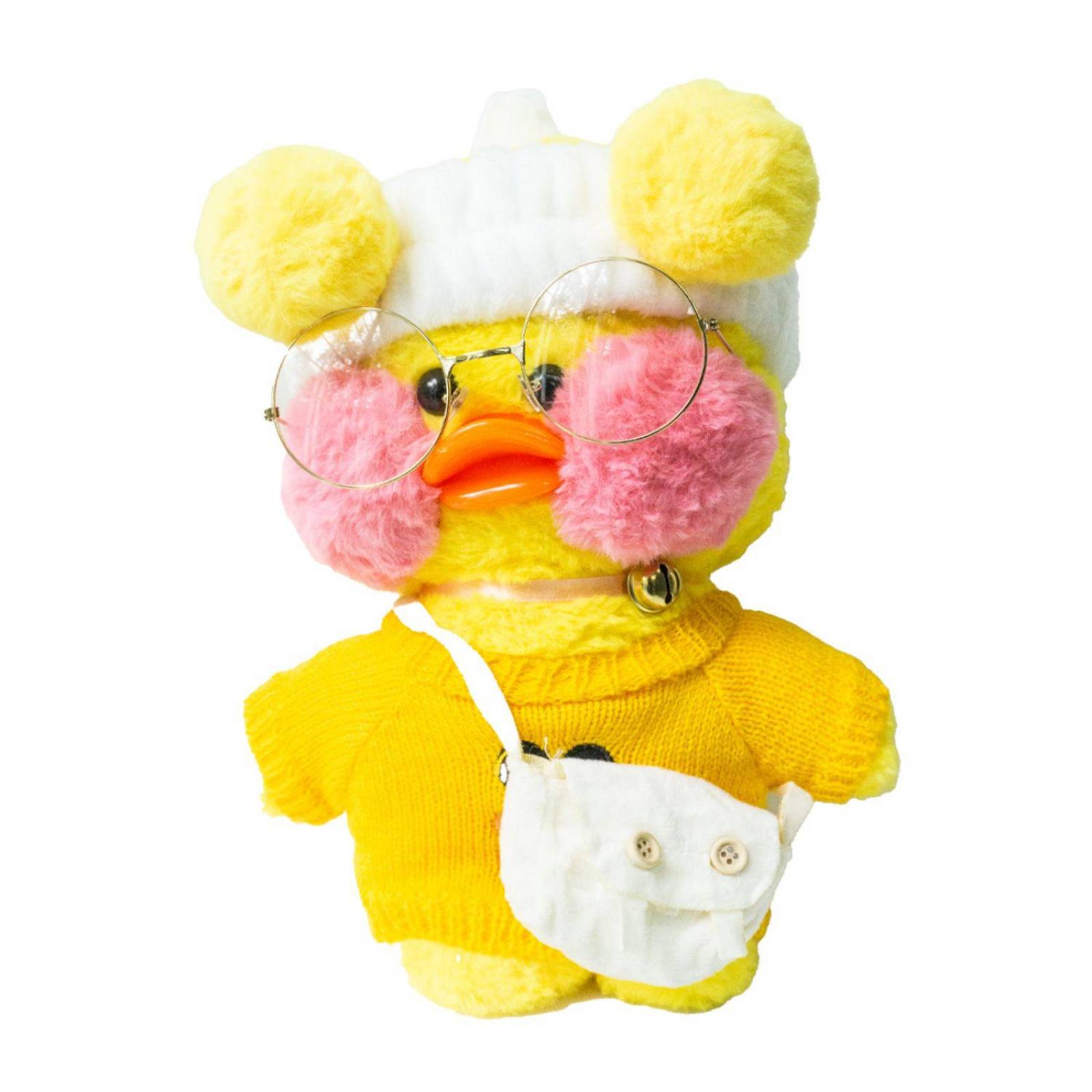 Pato de peluche Lalafanfan con accesorios, lentes, bolso, collar (30 cm) Amarillo Amarillo / Bolitas