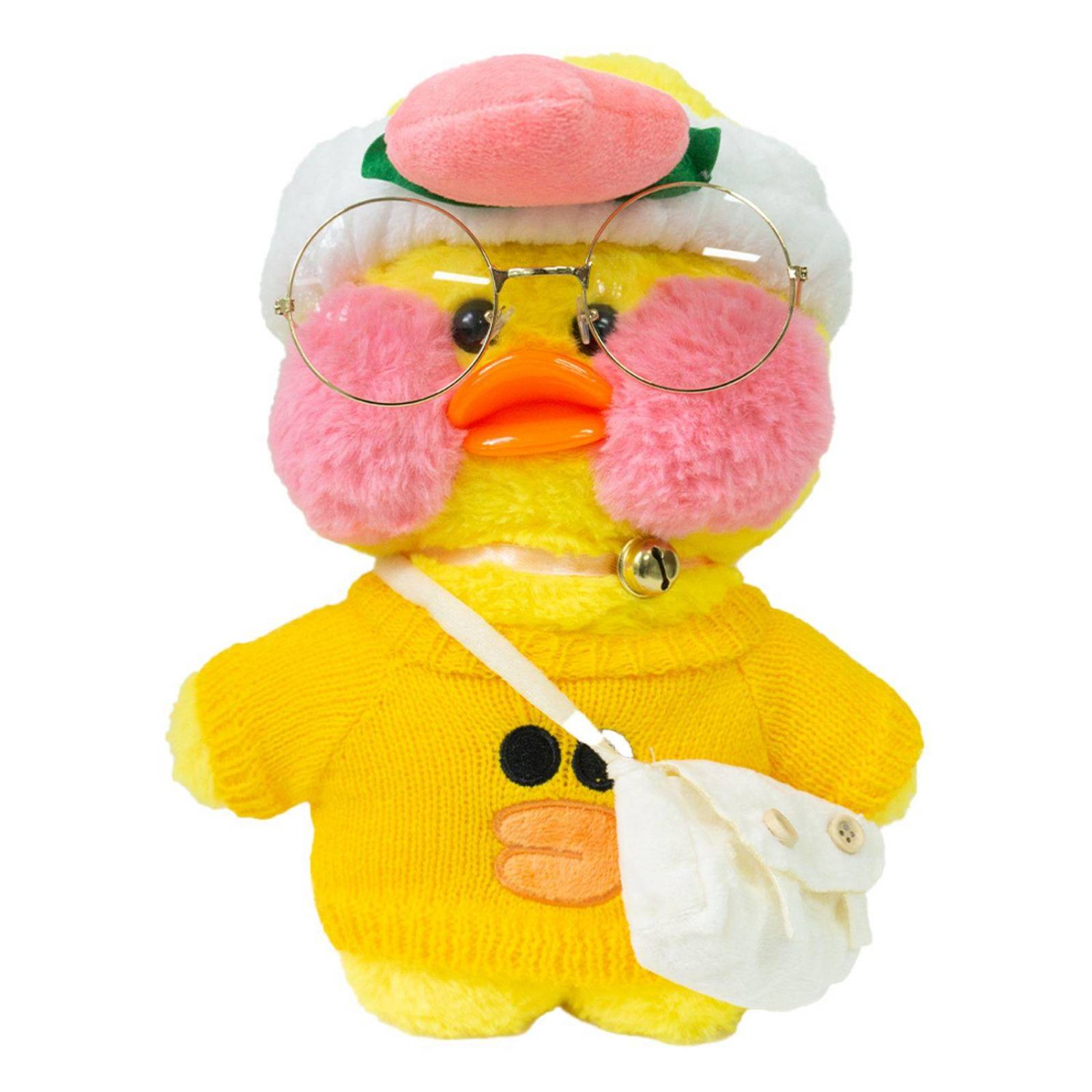 Pato de peluche Lalafanfan con accesorios, lentes, bolso, collar (30 cm)  Salmón Amarillo / Flor