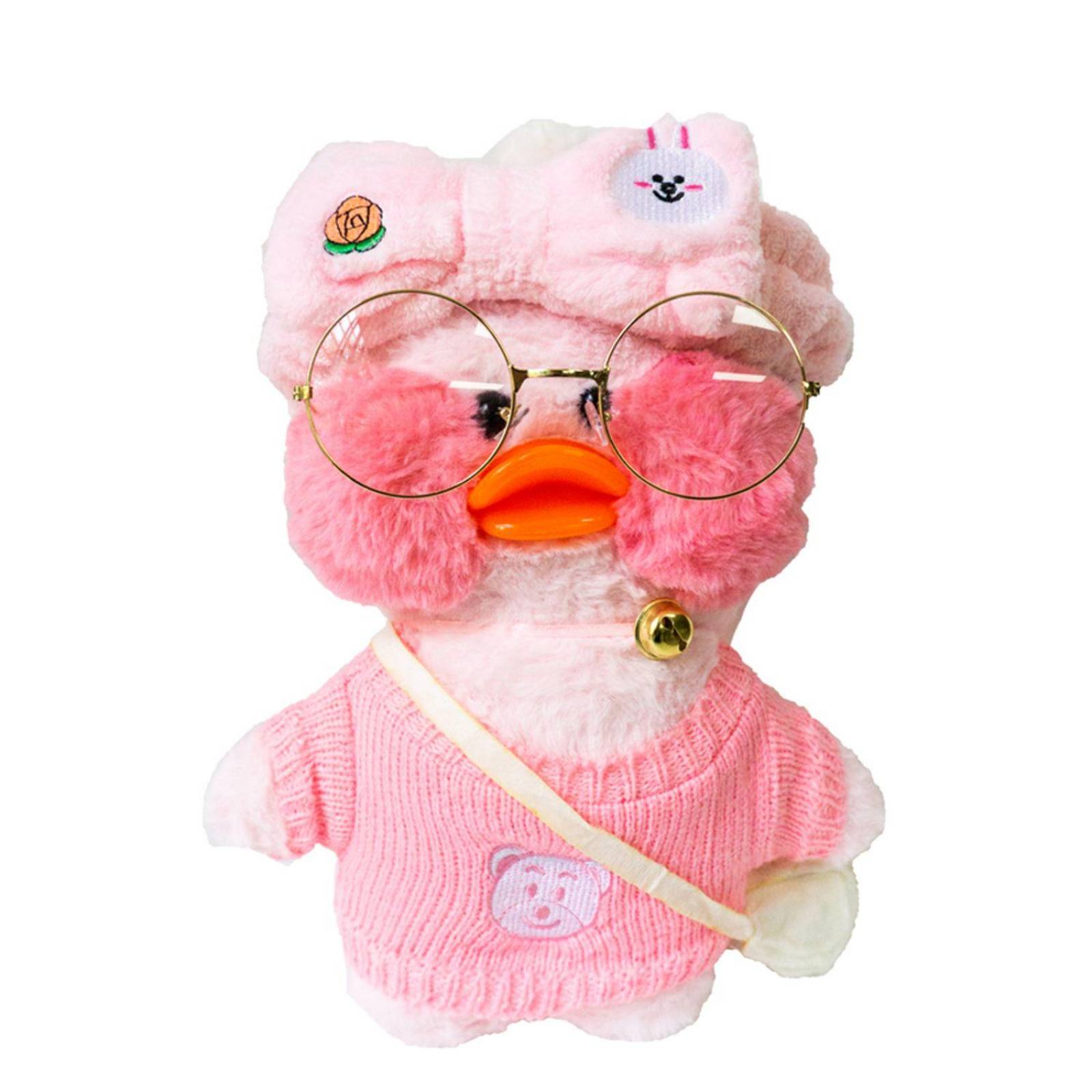 Pato de peluche Lalafanfan con accesorios, lentes, bolso, collar (30 cm) Rosa / Moño Rosa