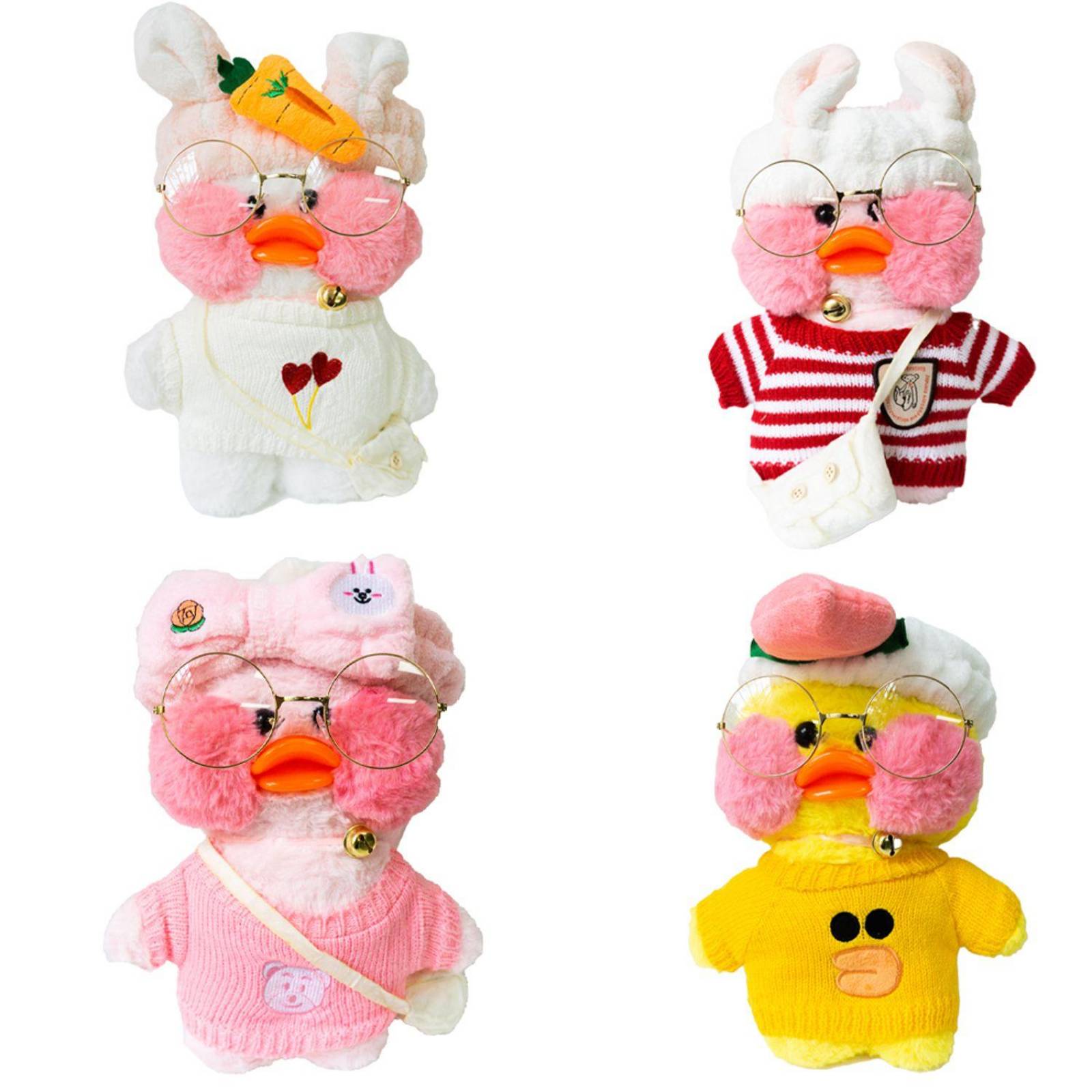 Pato de peluche Lalafanfan con accesorios, lentes, bolso, collar (30 cm) Rosa / Moño Rosa