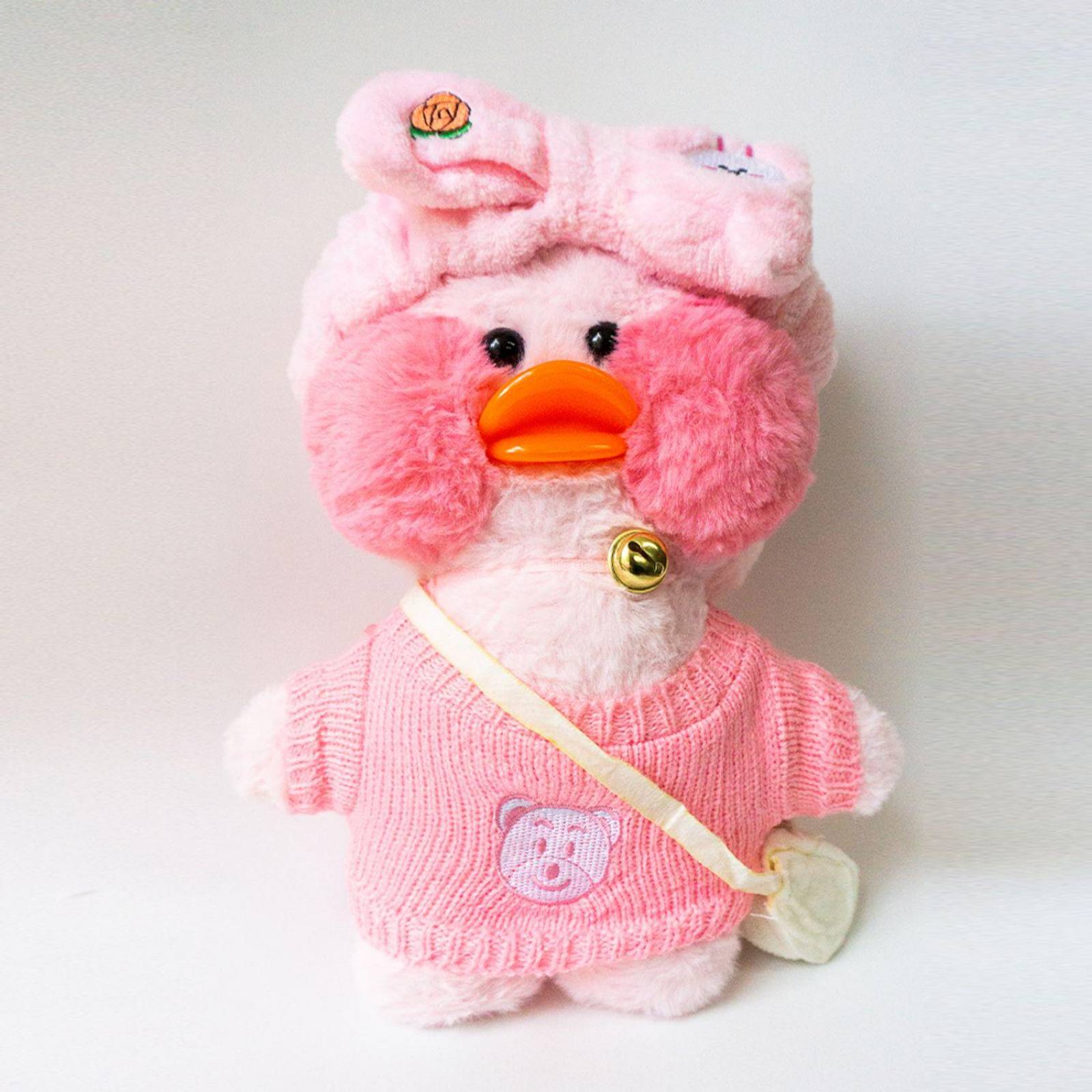Pato de peluche Lalafanfan con accesorios, lentes, bolso, collar (30 cm) Rosa / Moño Rosa