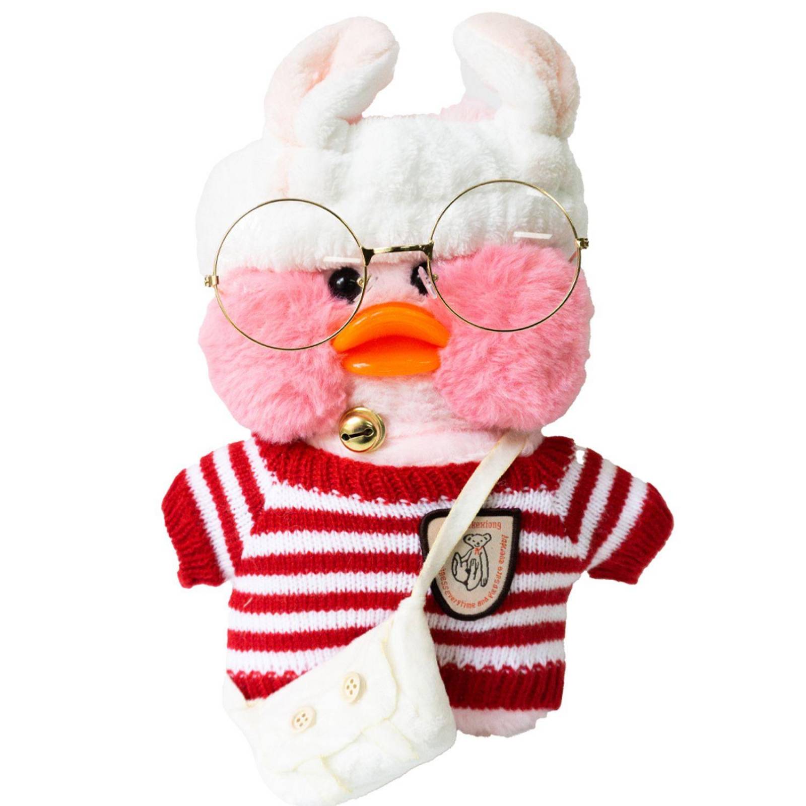 Pato de peluche Lalafanfan con accesorios, lentes, bolso, collar (30 cm) Blanco Rosa / Rayas