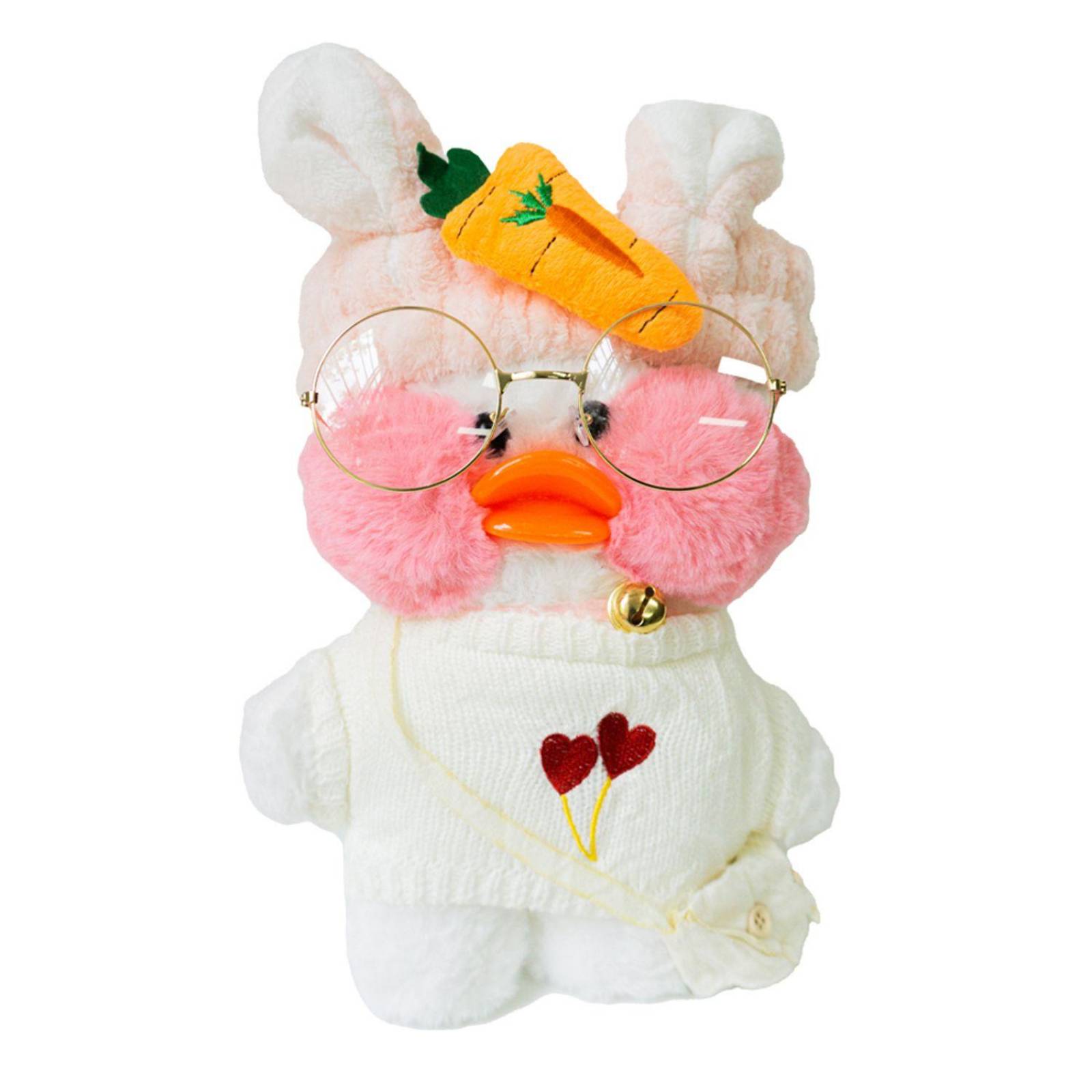 Pato de peluche Lalafanfan con accesorios, lentes, bolso, collar (30 cm) Blanco Blanco / Zanahoria