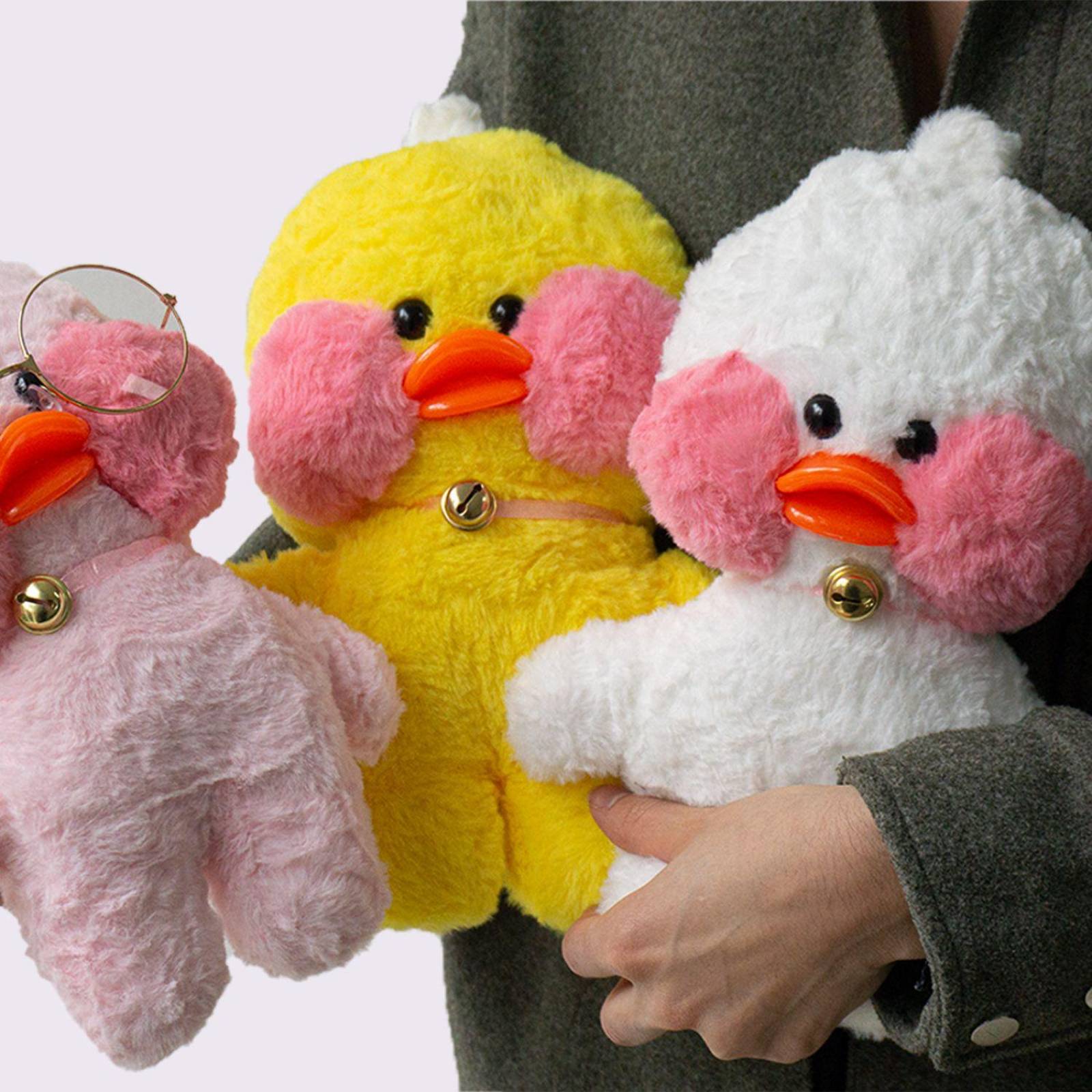 Pato de peluche Lalafanfan con accesorios, lentes, bolso, collar (30 cm) Blanco Blanco / Zanahoria