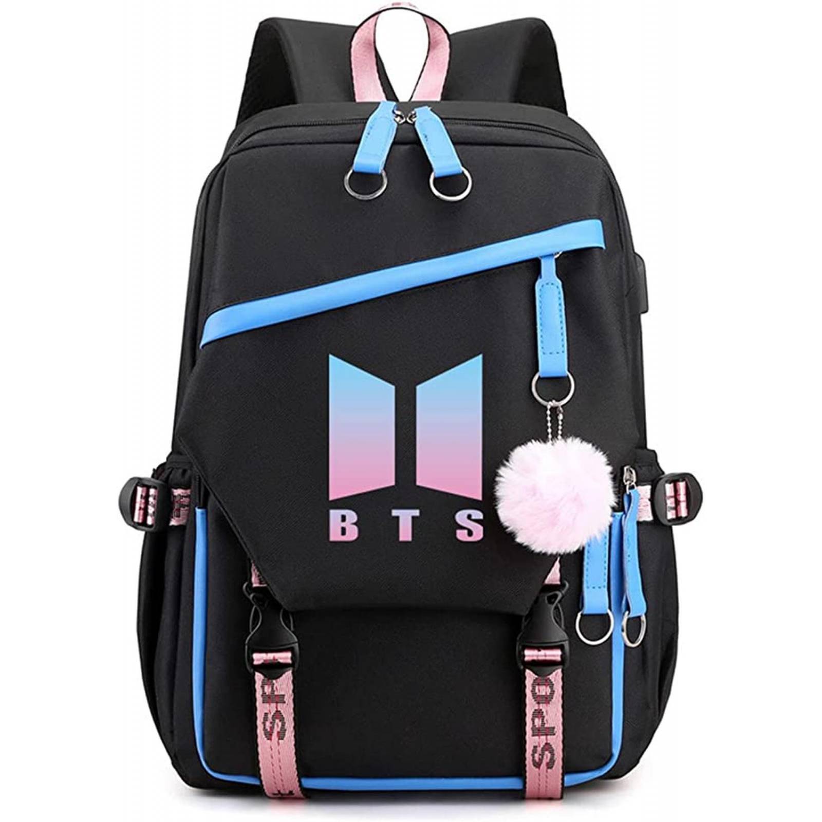 Kpop BTS Mochila con cable de audio USB puerto de carga coreano casual mochila portátil bolsa univer Azul