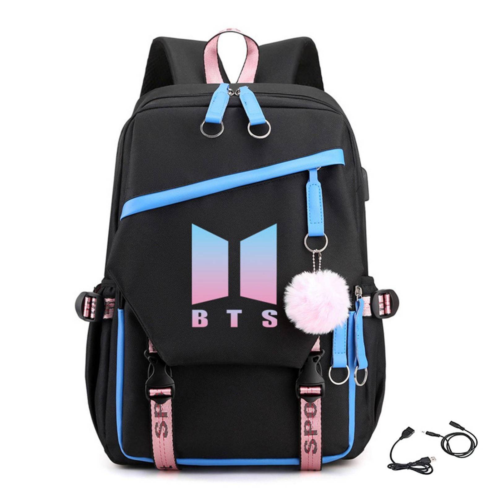 Kpop BTS Mochila con cable de audio USB puerto de carga coreano casual mochila portátil bolsa univer Azul