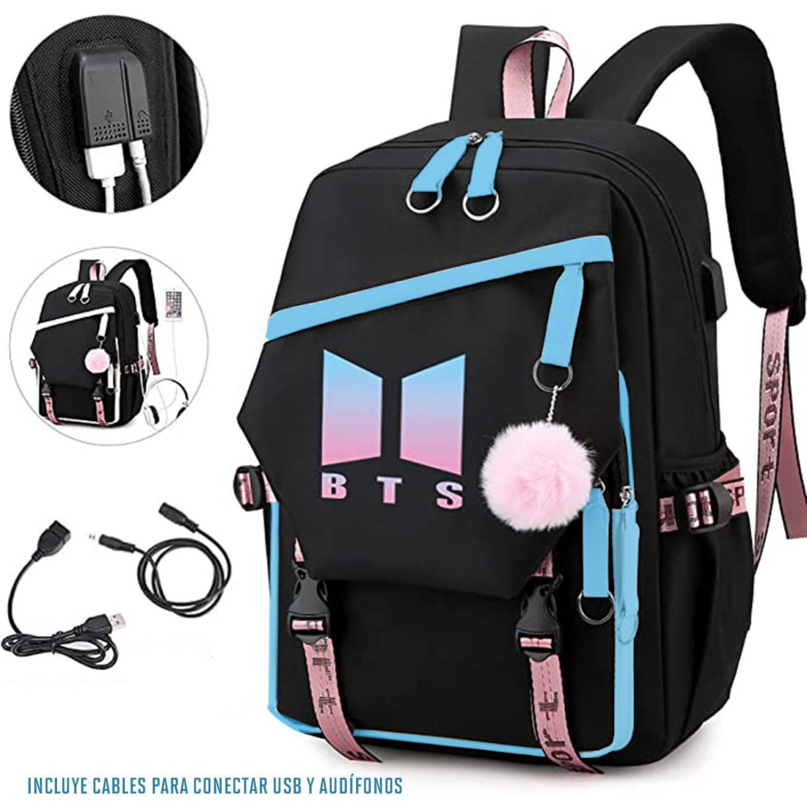 Kpop BTS Mochila con cable de audio USB puerto de carga coreano casual mochila portátil bolsa univer Azul
