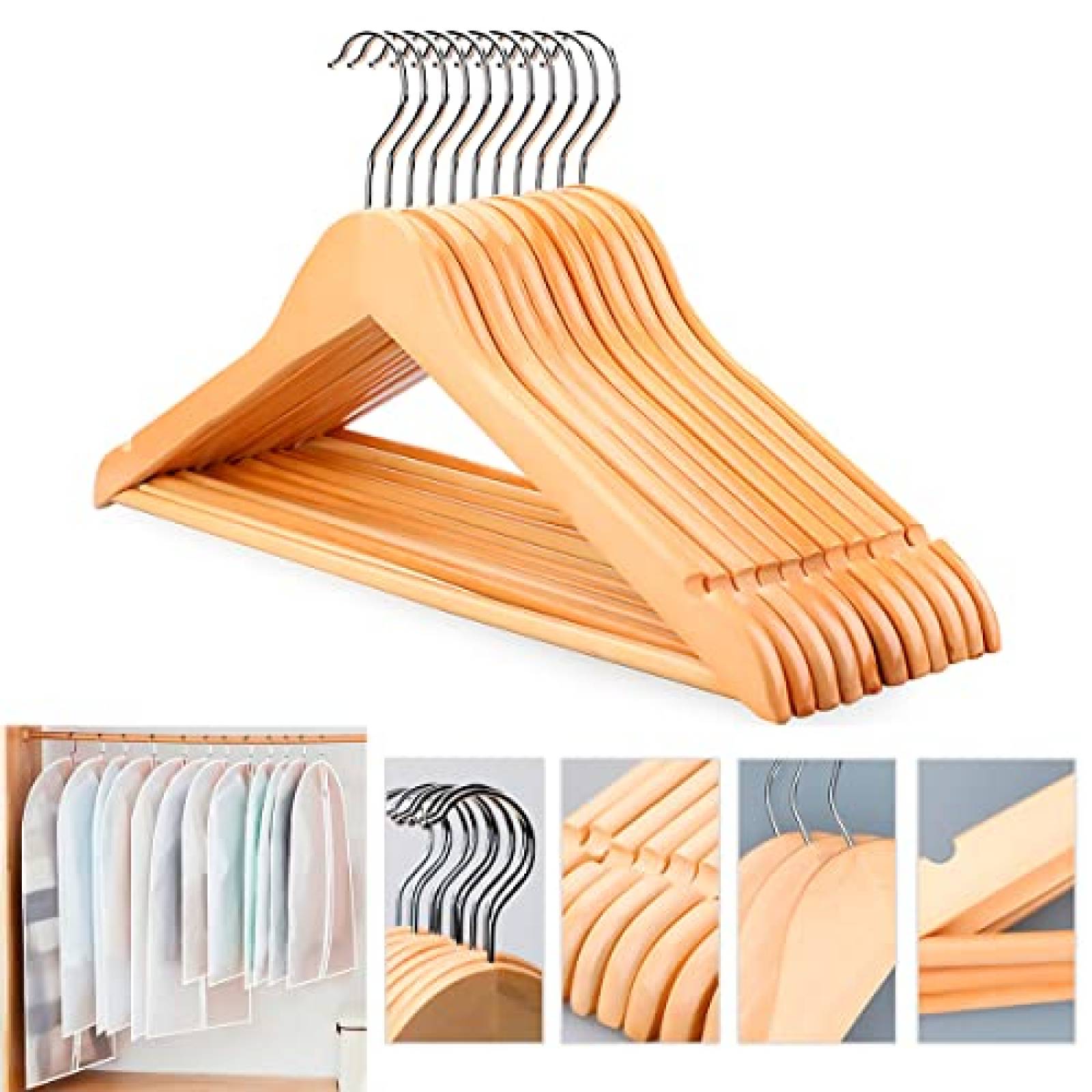 25 Ganchos de Madera Calidad Premium 360 Grados 3 cubrepolvo Grande 3 medianos y 1 Extragrande