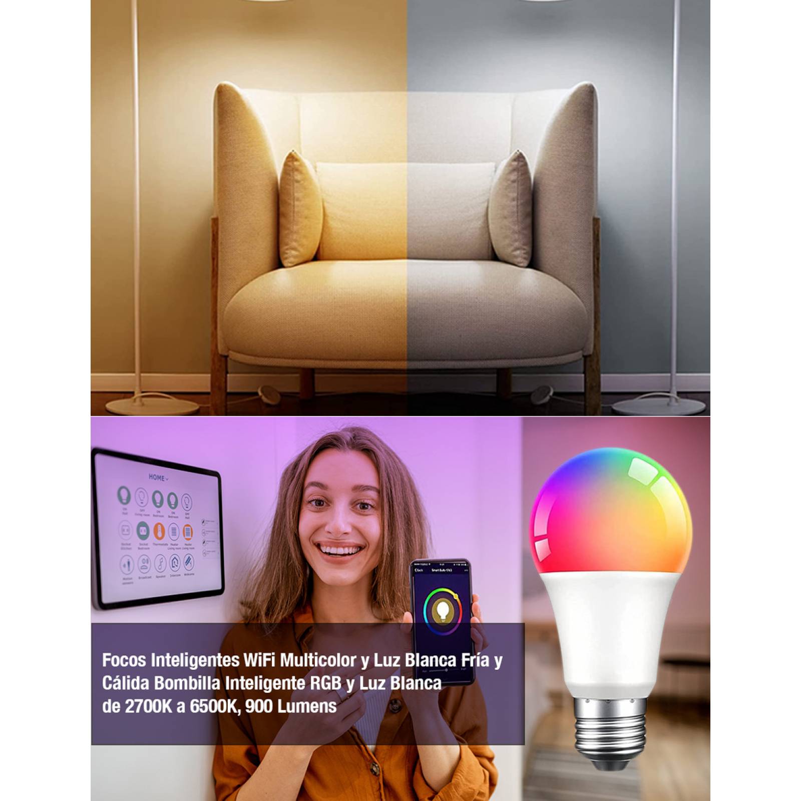 Paquete 10 Focos Inteligentes WiFi Multicolor.