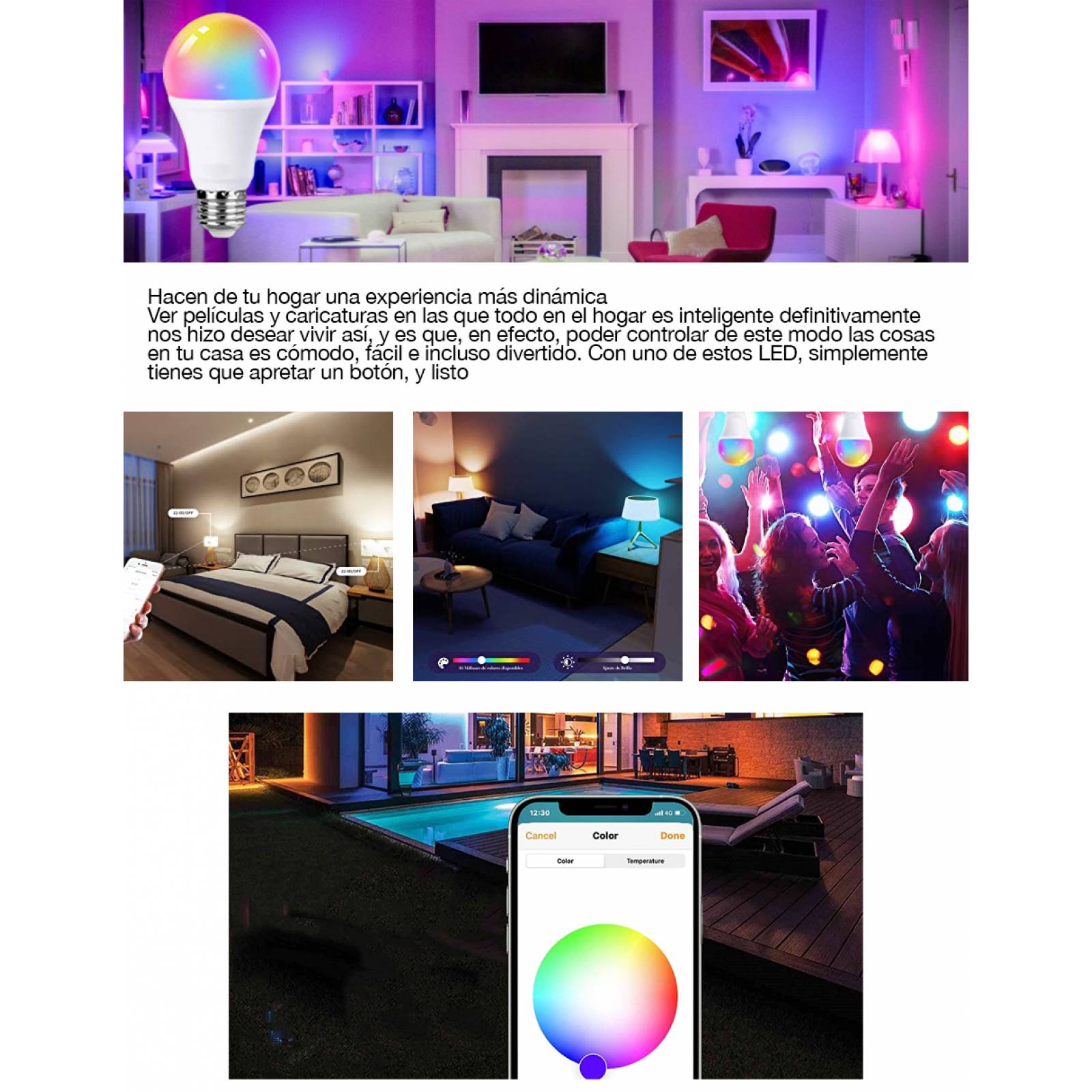 Paquete 10 Focos Inteligentes WiFi Multicolor.