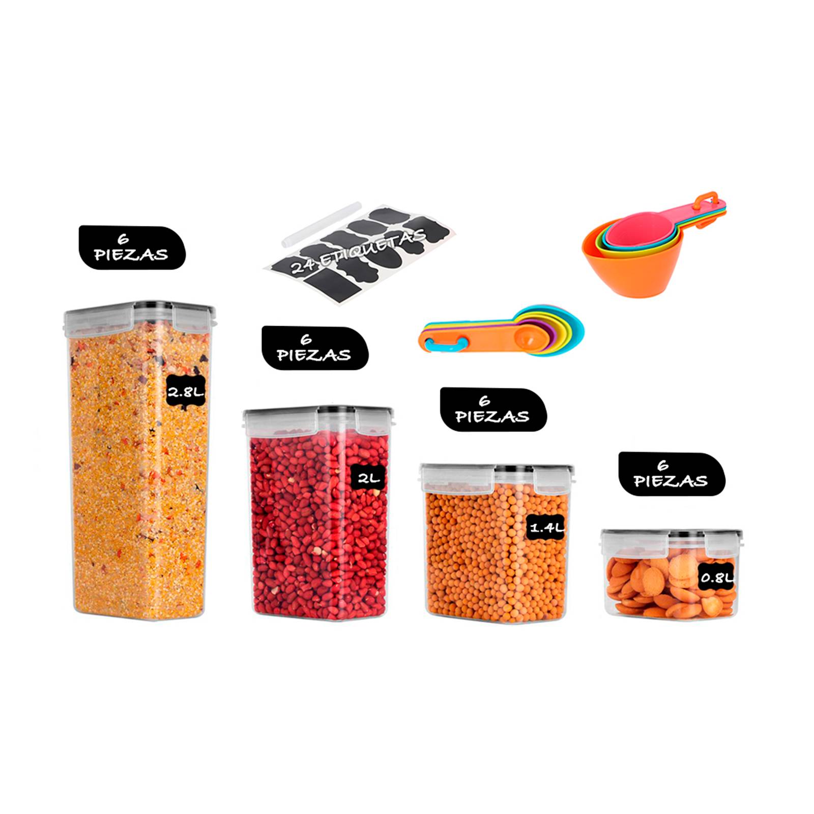 24 contenedores herméticos para almacenar alimentos tapa liga negra