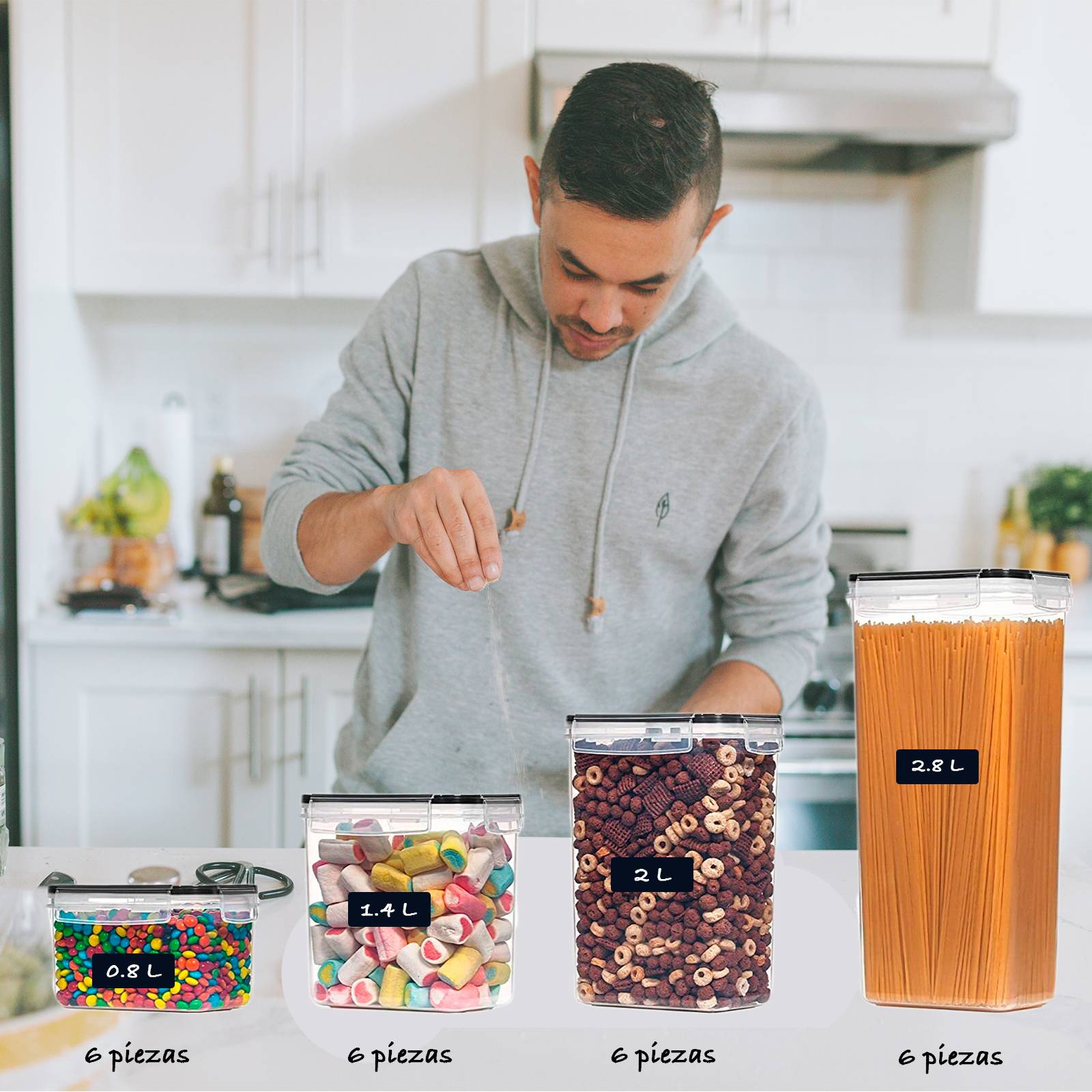 24 contenedores herméticos para almacenar alimentos tapa liga negra