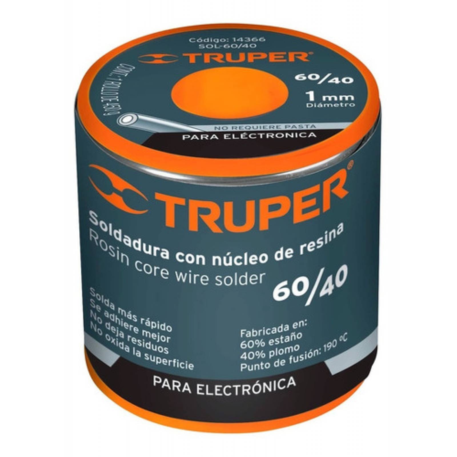 Soldadura con nucleo resina 60/40, para electronica, 450 g