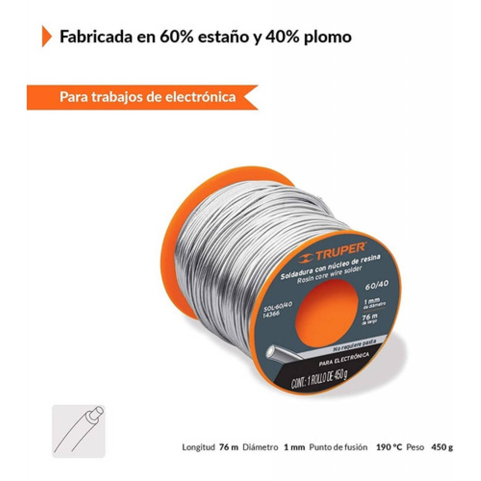 Soldadura con nucleo resina 60/40, para electronica, 450 g