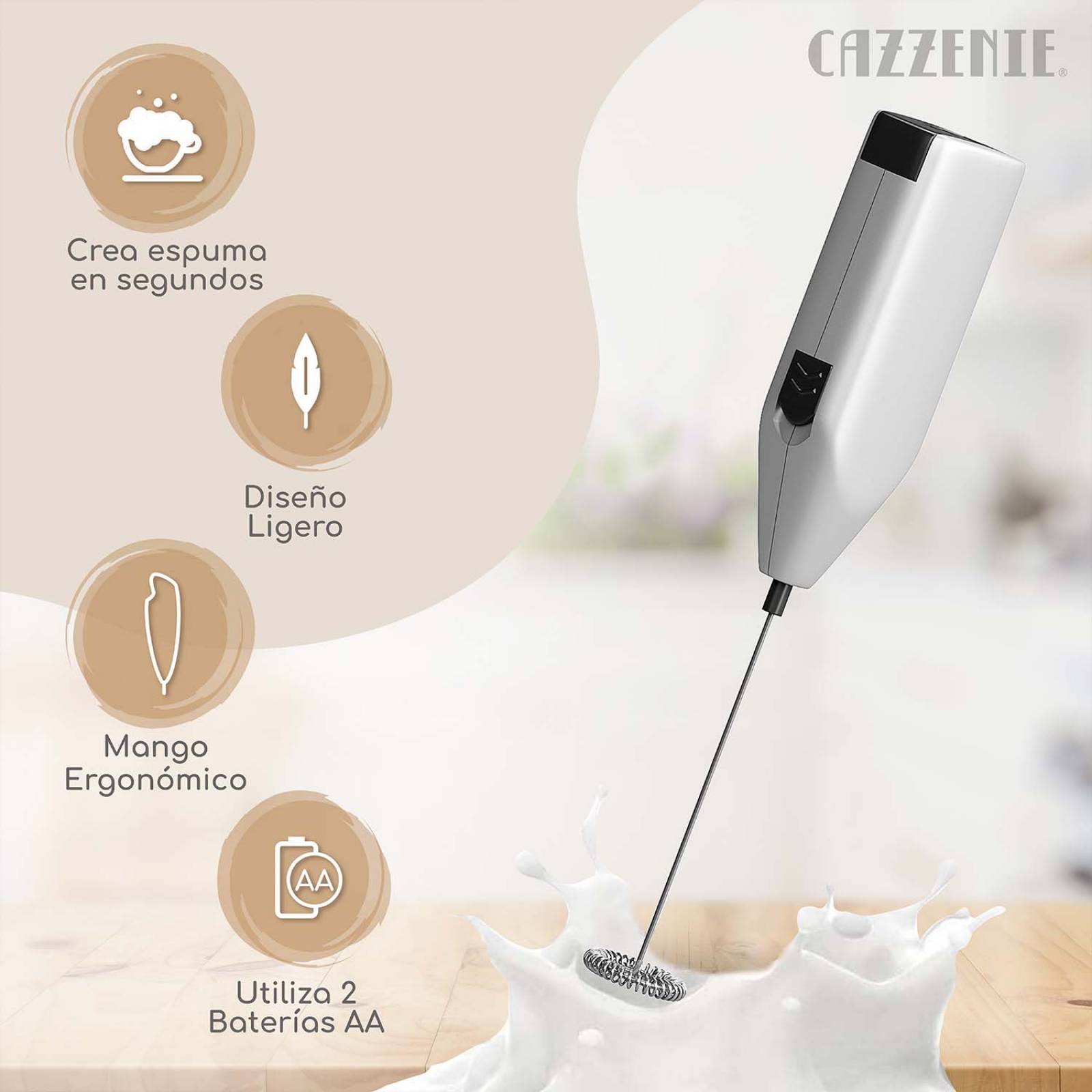 Cazzenie Espumador de Leche Eléctrico Batidor de Mano portatil para Café Cocteles y Bebidas Batidor de Huevo