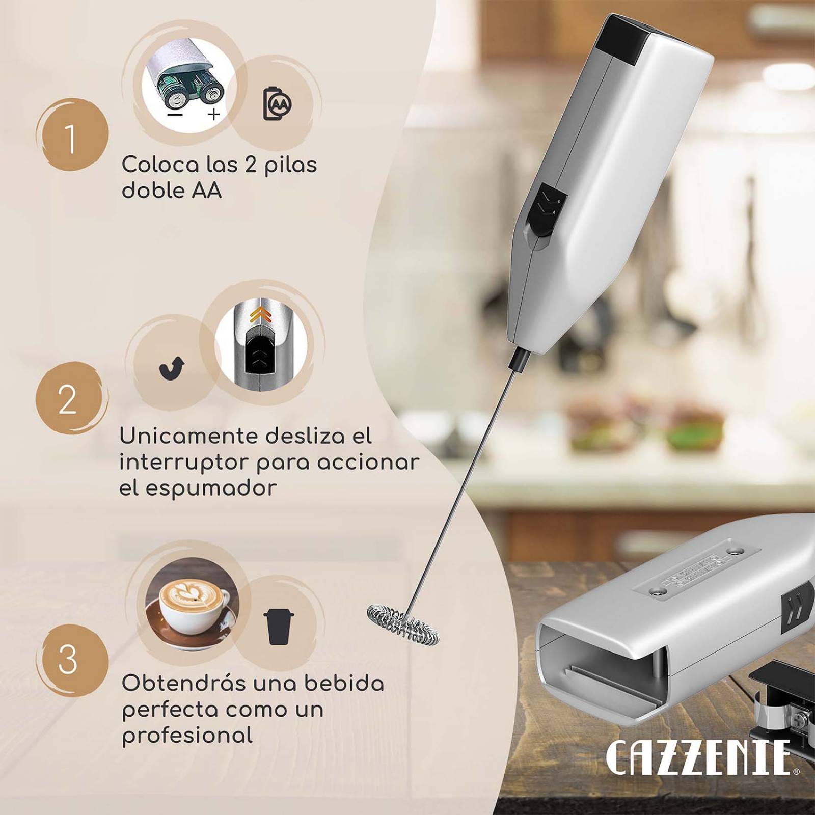 Cazzenie Espumador de Leche Eléctrico Batidor de Mano portatil para Café Cocteles y Bebidas Batidor de Huevo