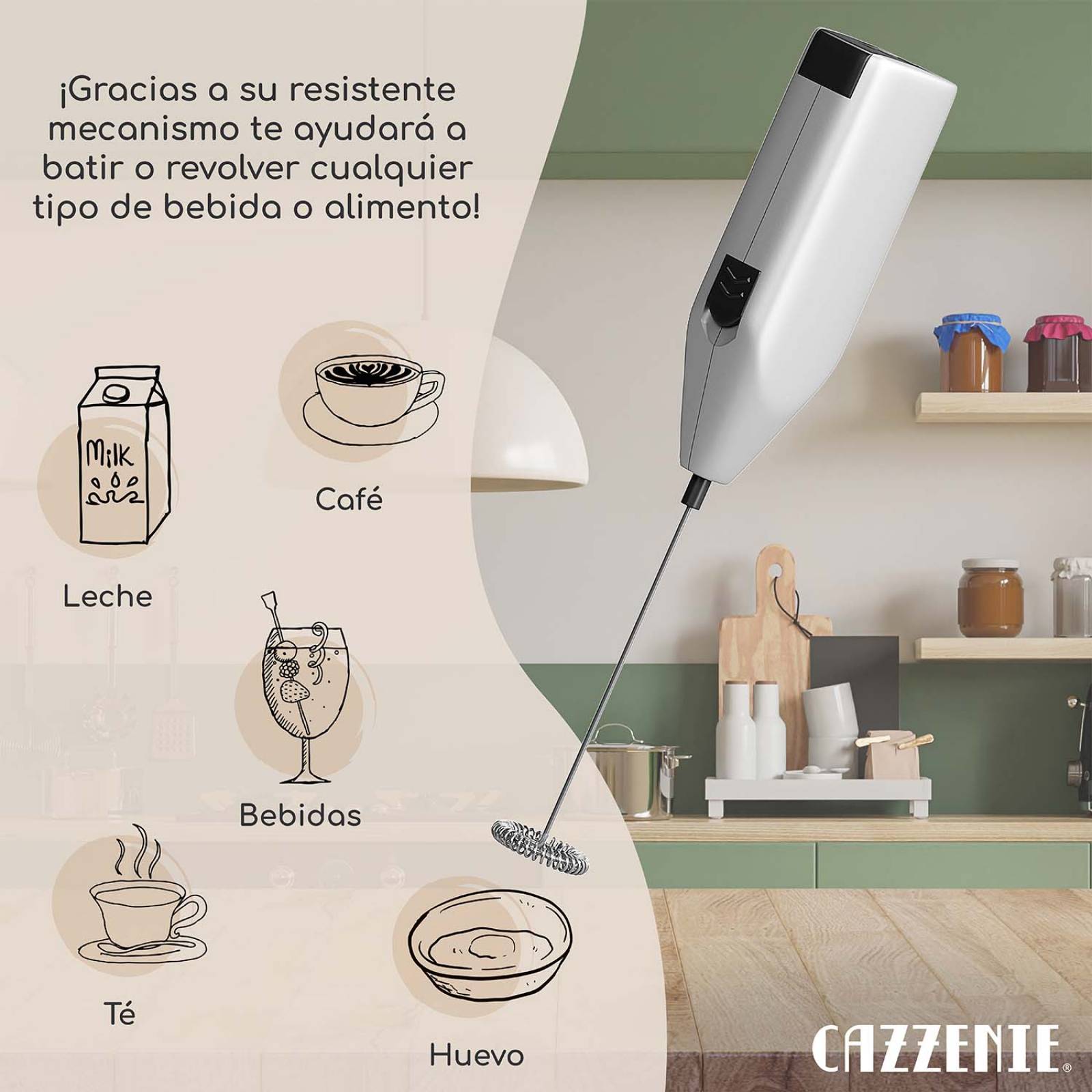 Cazzenie Espumador de Leche Eléctrico Batidor de Mano portatil para Café Cocteles y Bebidas Batidor de Huevo