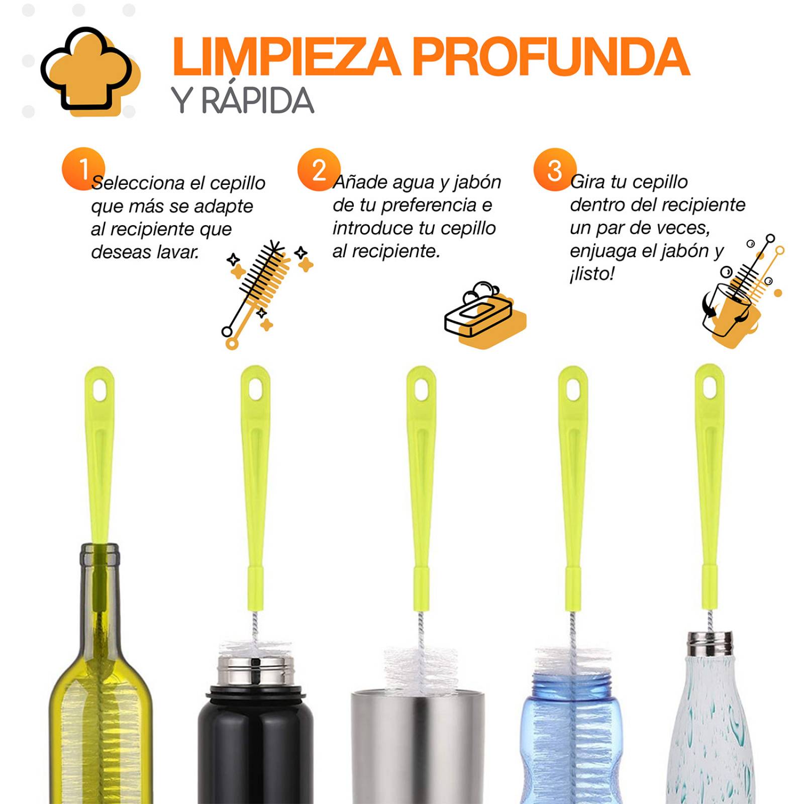 Bazzeff Set de 5 Cepillos de Limpieza para Lavar Botellas Termos Tarros o Biberones Bottles Brush Cleaner