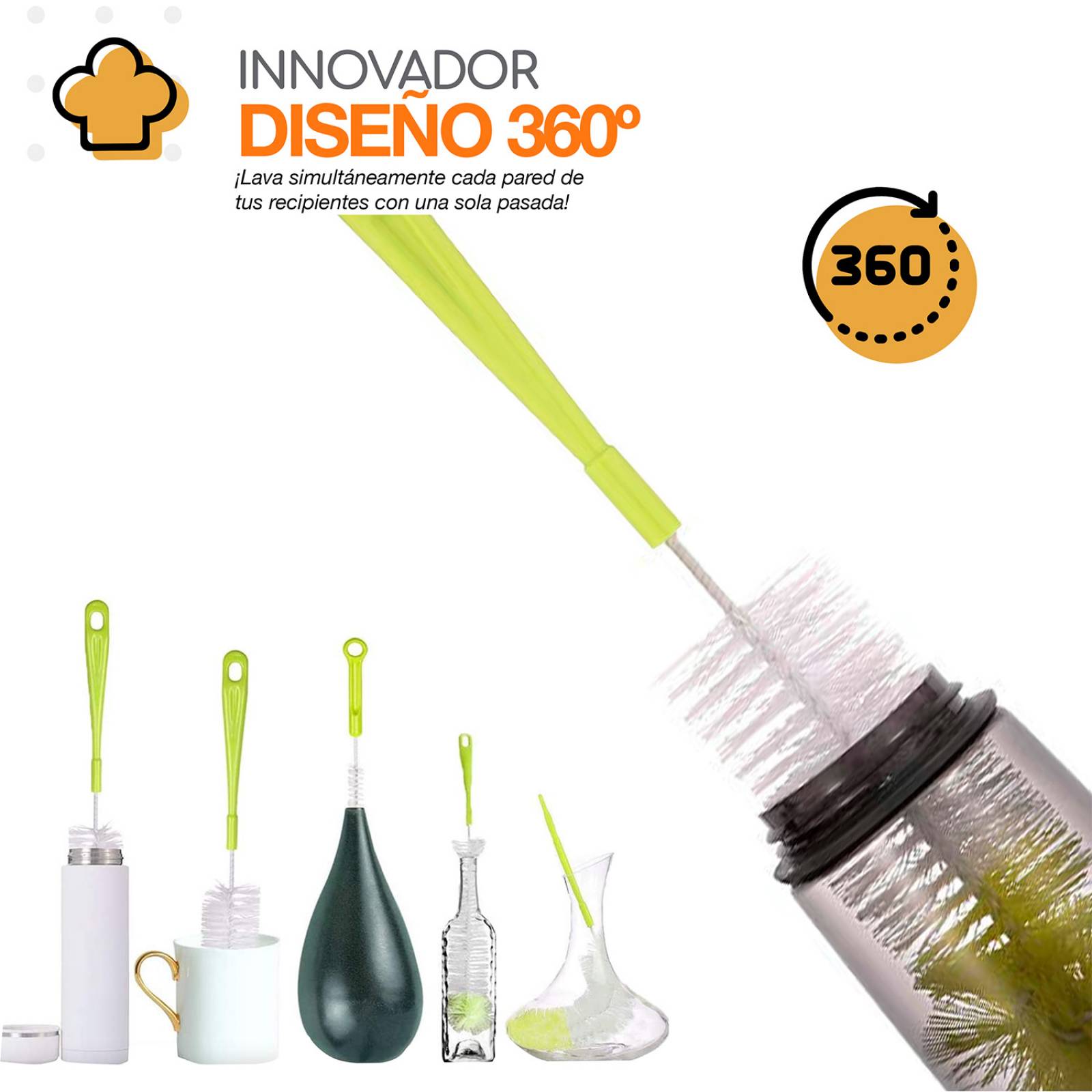 Bazzeff Set de 5 Cepillos de Limpieza para Lavar Botellas Termos Tarros o Biberones Bottles Brush Cleaner