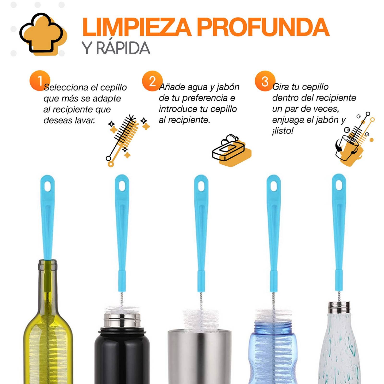 Bazzeff Set de 5 Cepillos de Limpieza para Lavar Botellas Termos Tarros o  Biberones Bottles Brush