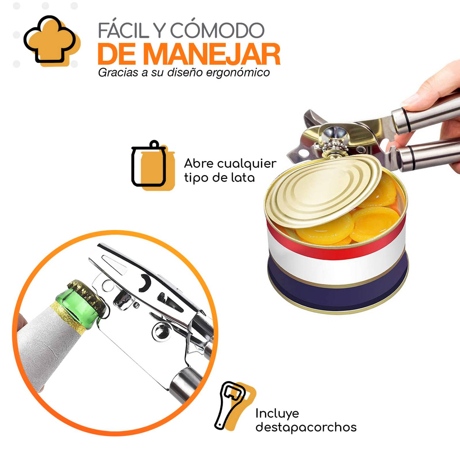 Bazzeff Abrelatas Manual de Acero Inoxidable con Sacacorchos Practico Diseño para todo tipo de Lata Can Opener
