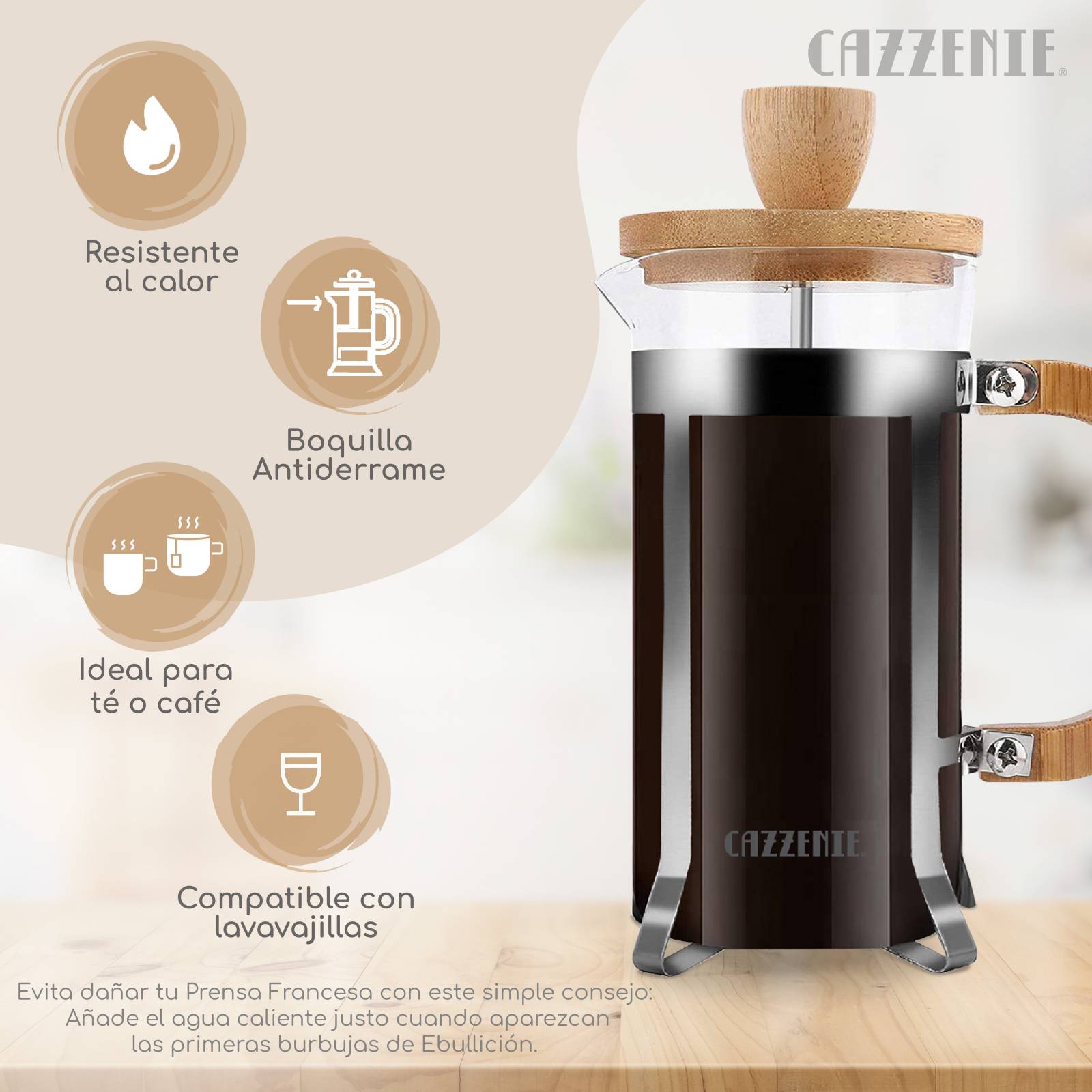 Cazzenie Prensa Francesa de Vidrio de 600 ml para Preparar Café o Té Cafetera  Francesa Legno (