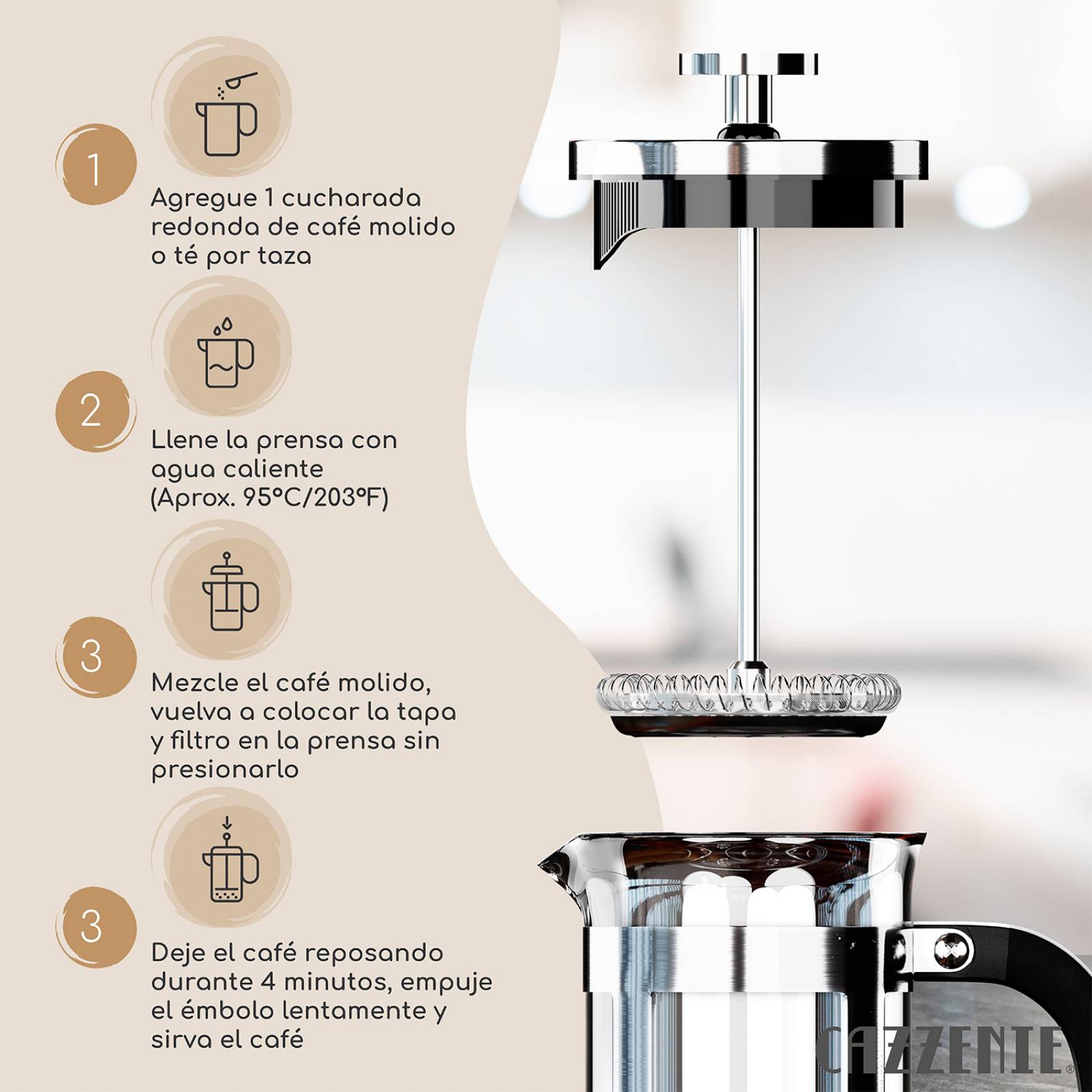 Cazzenie Prensa Francesa de Vidrio de 350 ml para Preparar Café o Té Cafetera Francesa Bristol (1 Taza)