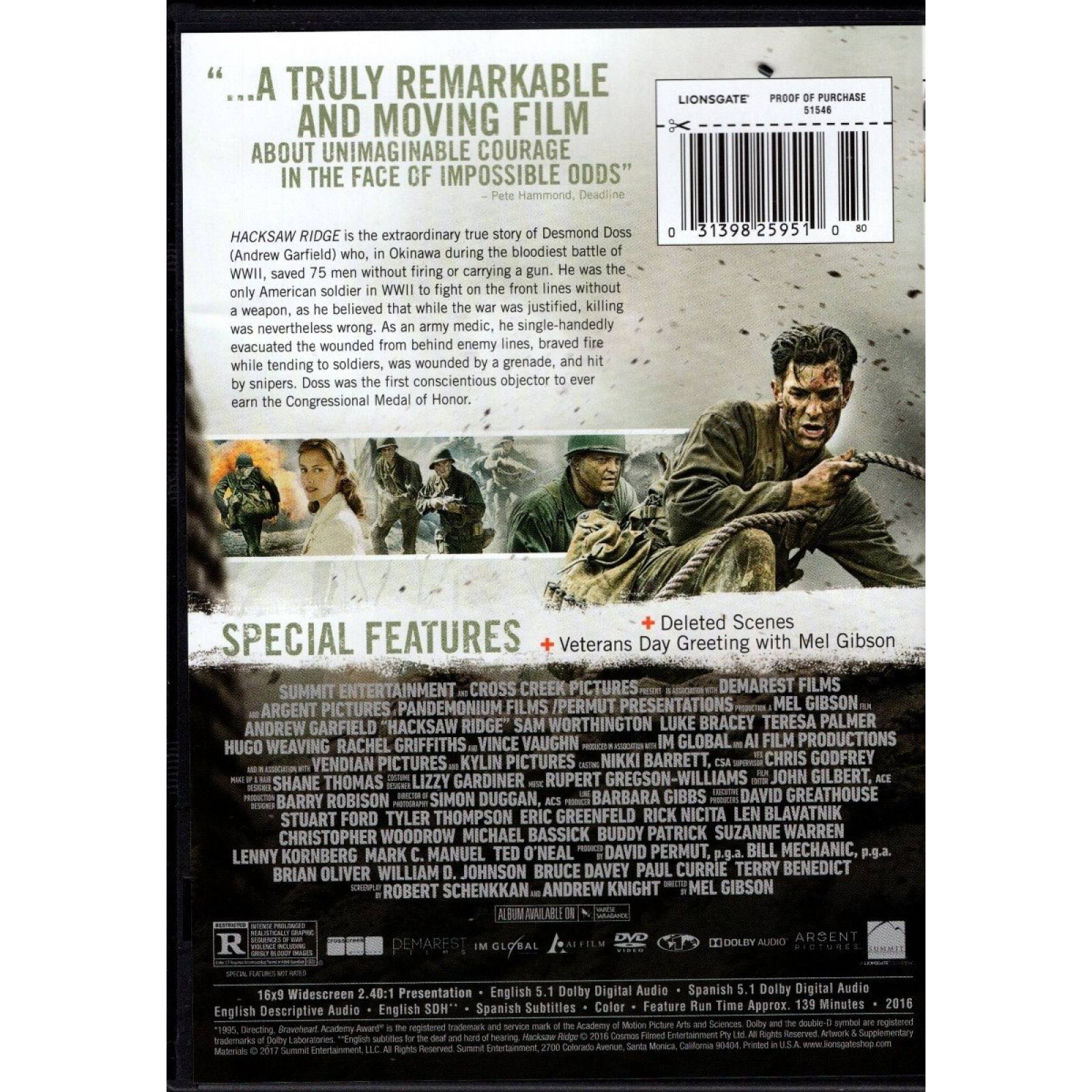 Hasta El Ultimo Hombre Hacksaw Ridge Mel Gibson Pelicula Dvd