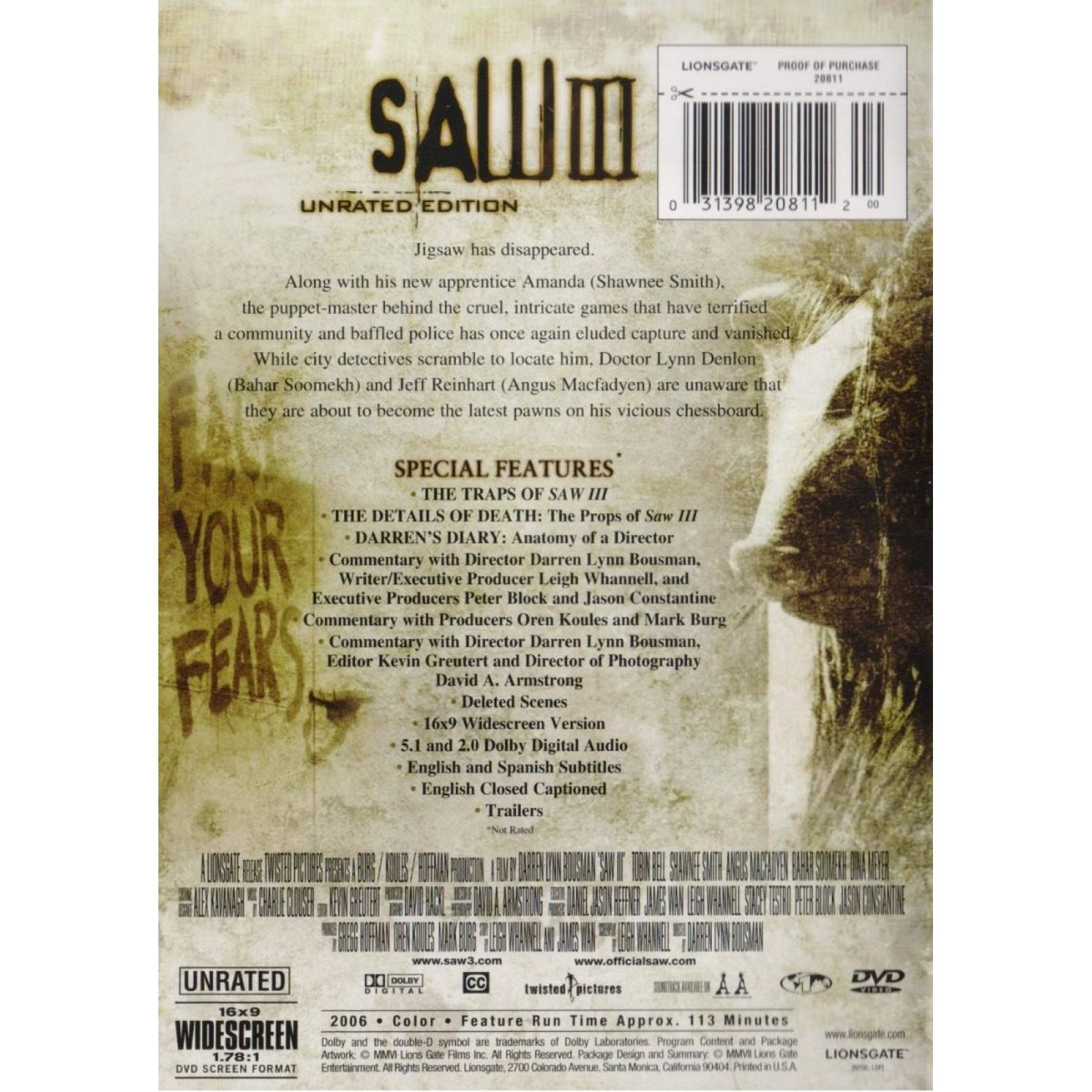 Saw 3 El Juego Del Miedo Unrated Edition Pelicula Dvd