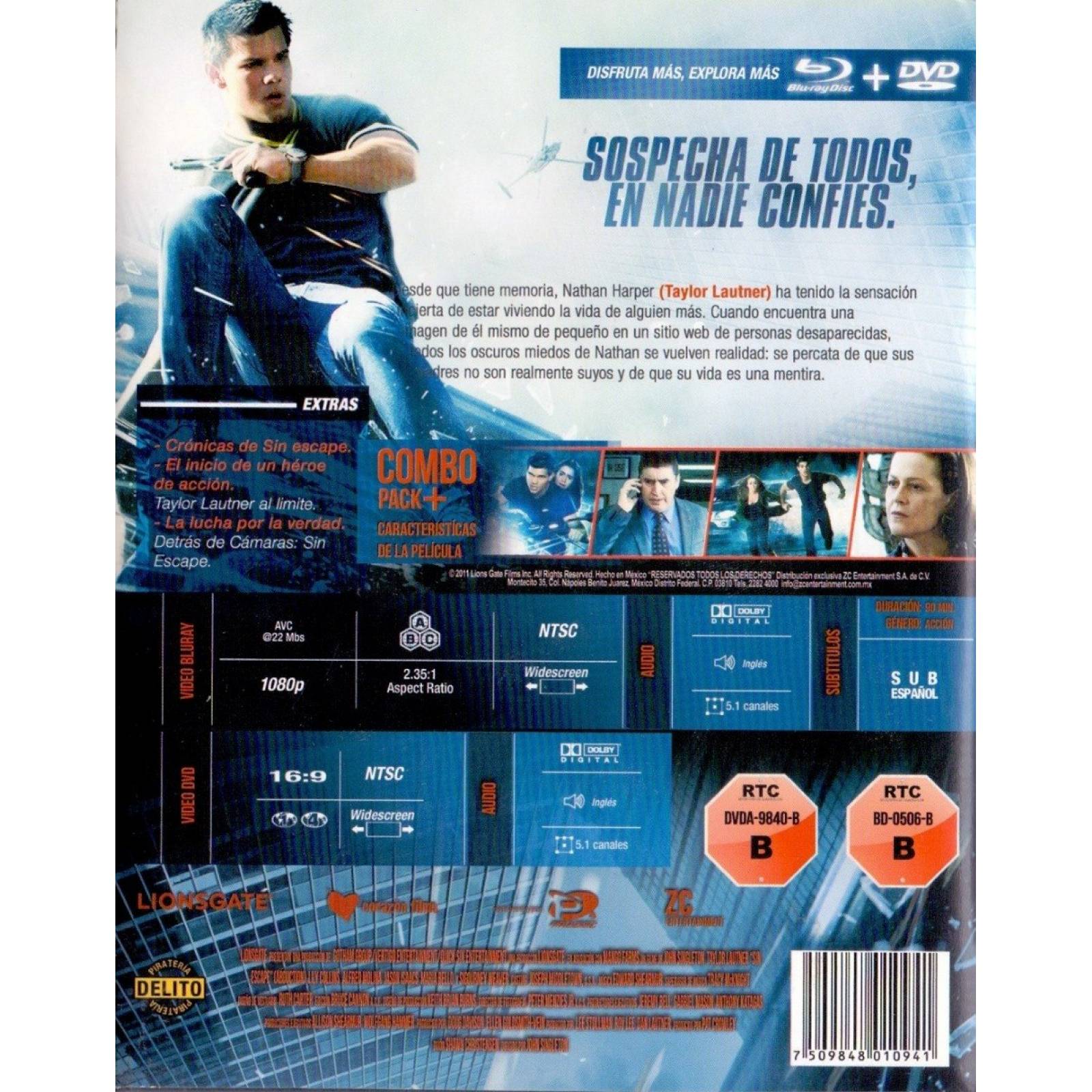 Sin Escape Abduction Taylor Lautner Pelicula Blu-ray + Dvd