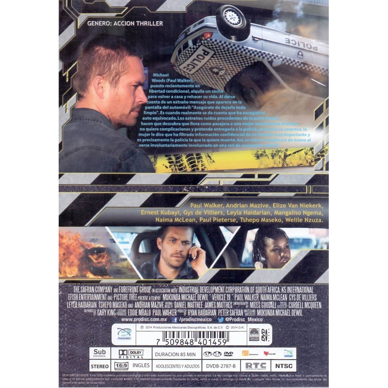 Vehiculo 19 Diecinueve Paul Walker Pelicula Dvd