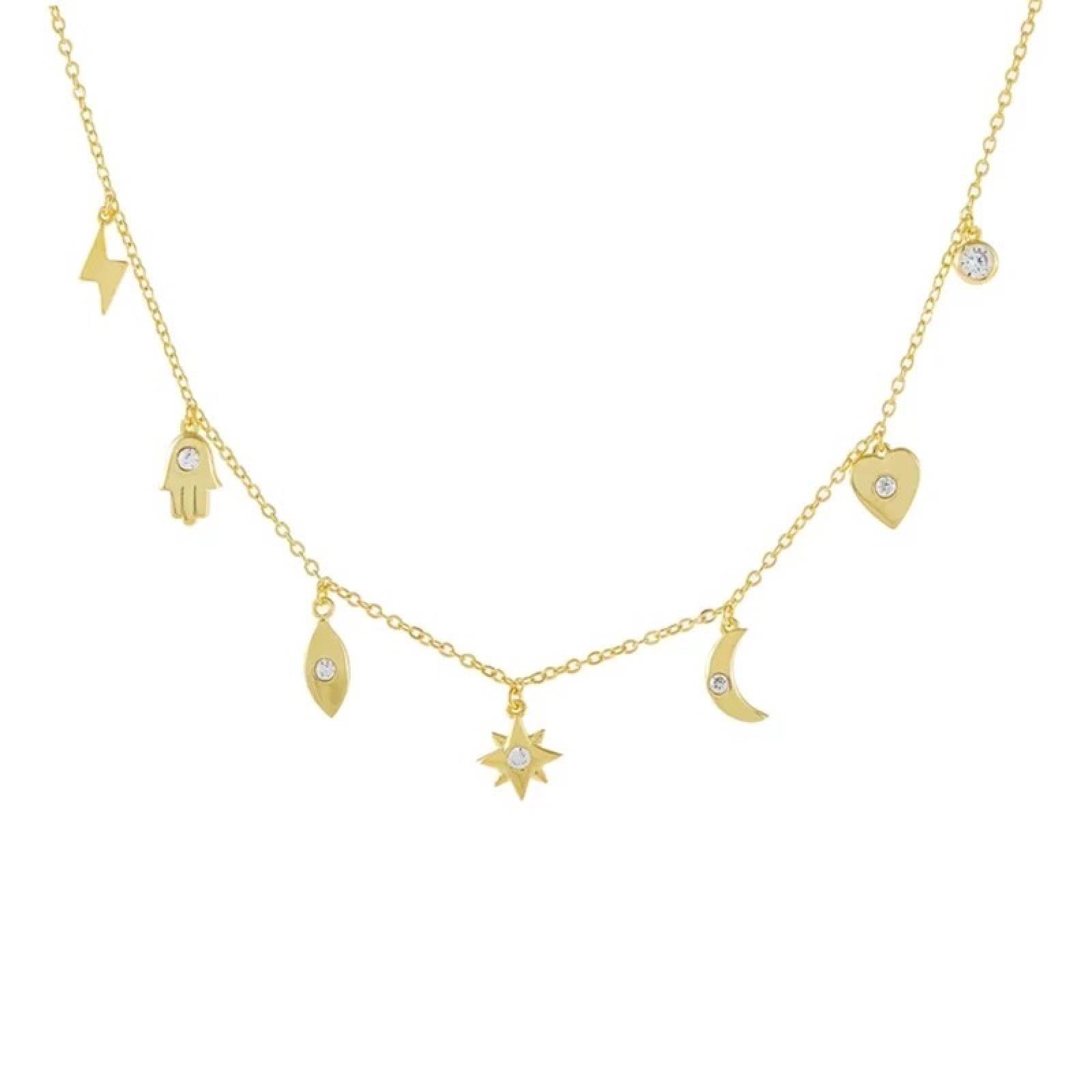 Collar ARETIZE Luna, Mano, Rayo de Plata de Ley 925 Baño en Oro de 18k Zirconias  Dorado Mujer Unitalla + Caja de 