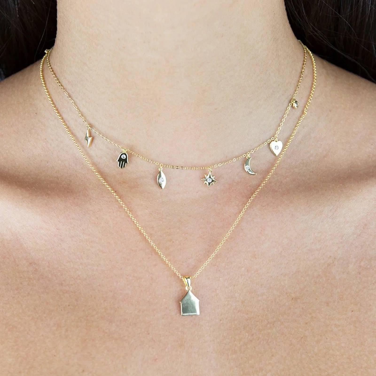 Collar ARETIZE Luna, Mano, Rayo de Plata de Ley 925 Baño en Oro de 18k Zirconias  Dorado Mujer Unitalla + Caja de 