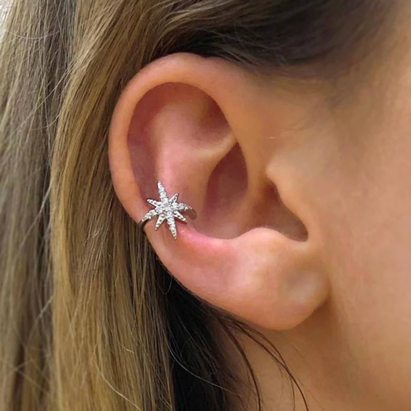 Arete De Clip Piercing Argolla Para Oreja Plata 925 Estrella 