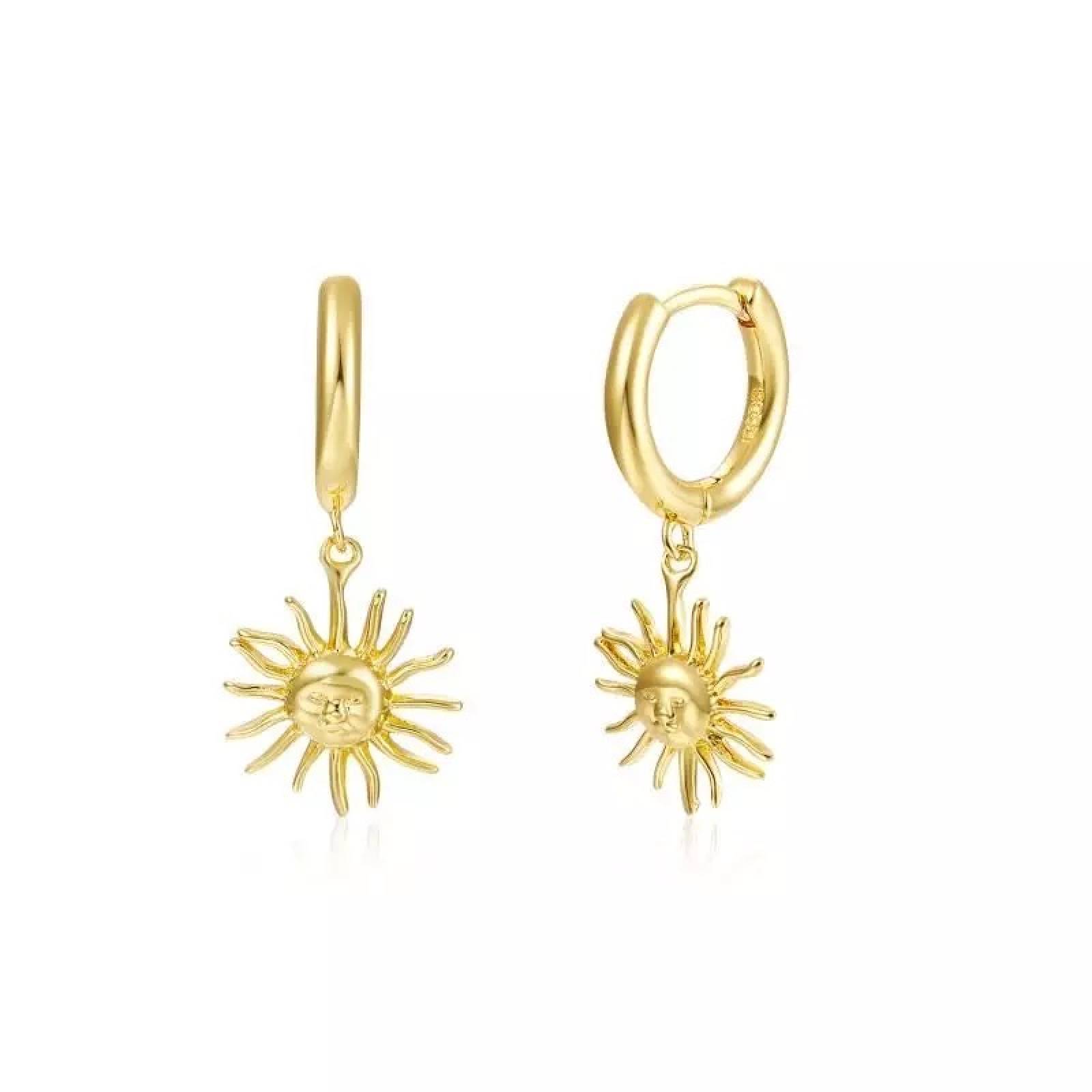 Aretes ARETIZE Sol de Plata de Ley 925 Baño en Oro de 18k   Dorado Mujer Unitalla + Caja de Regalo 