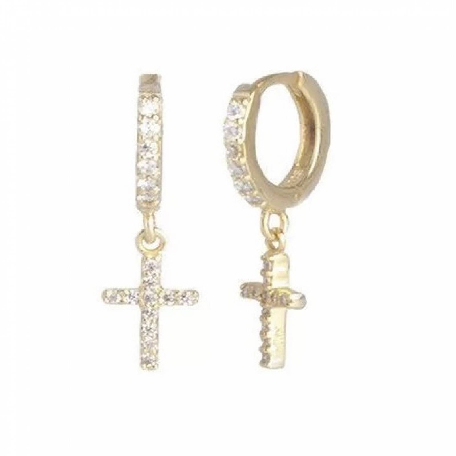 Aretes ARETIZE Cruz de Plata de Ley 925 Baño en Oro de 18k Zirconias  Dorado Mujer Unitalla + Caja de Regalo 