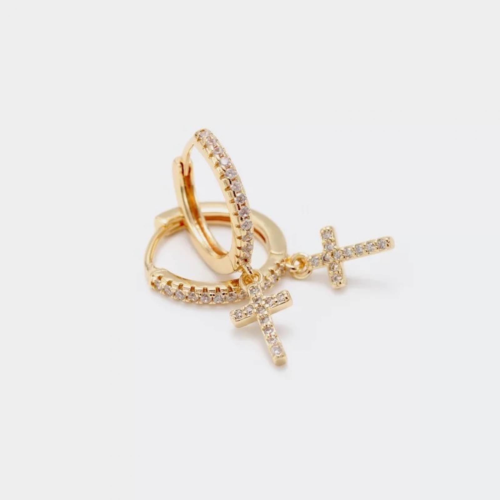 Aretes ARETIZE Cruz de Plata de Ley 925 Baño en Oro de 18k Zirconias  Dorado Mujer Unitalla + Caja de Regalo 
