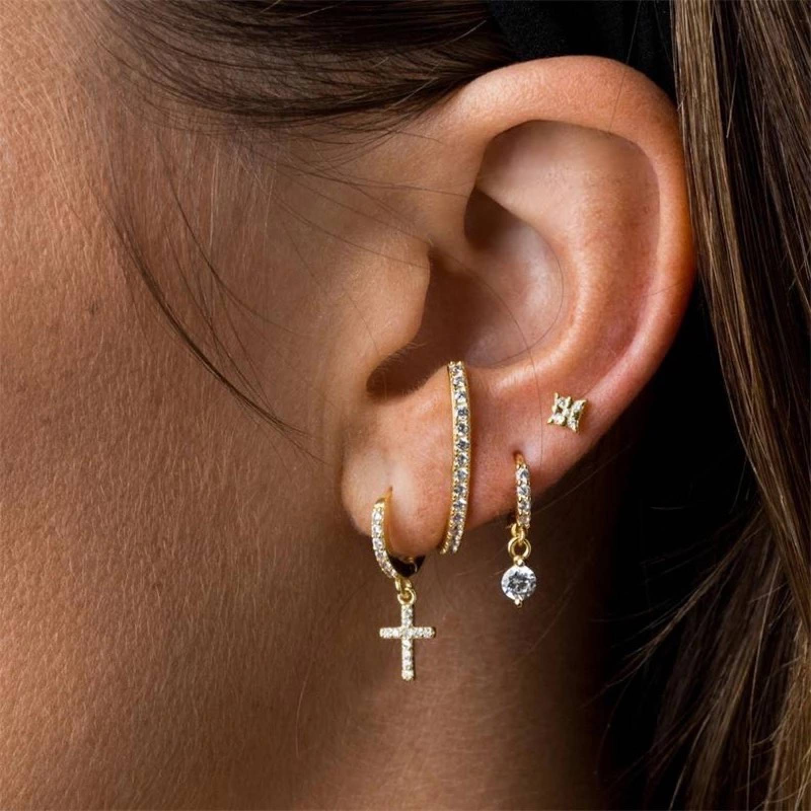 Aretes ARETIZE Cruz de Plata de Ley 925 Baño en Oro de 18k Zirconias  Dorado Mujer Unitalla + Caja de Regalo 