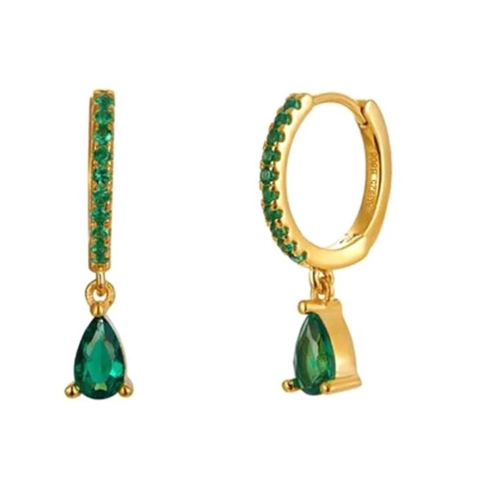 Aretes ARETIZE Arracadas de Plata de Ley 925 Baño en Oro de 18k Zirconias Verde Dorado Mujer Unitalla + Caja de Regalo 