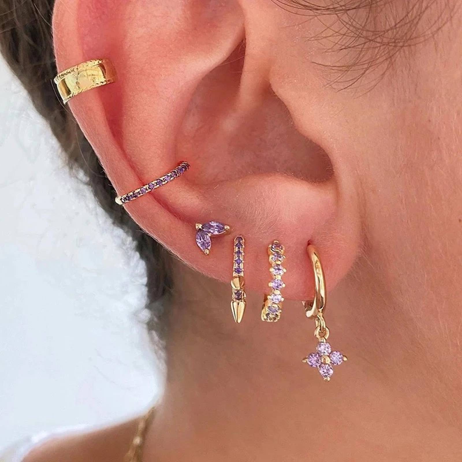 Aretes ARETIZE Arracadas de Plata de Ley 925  Zirconias Lila Plateado Mujer Unitalla + Caja de Regalo 