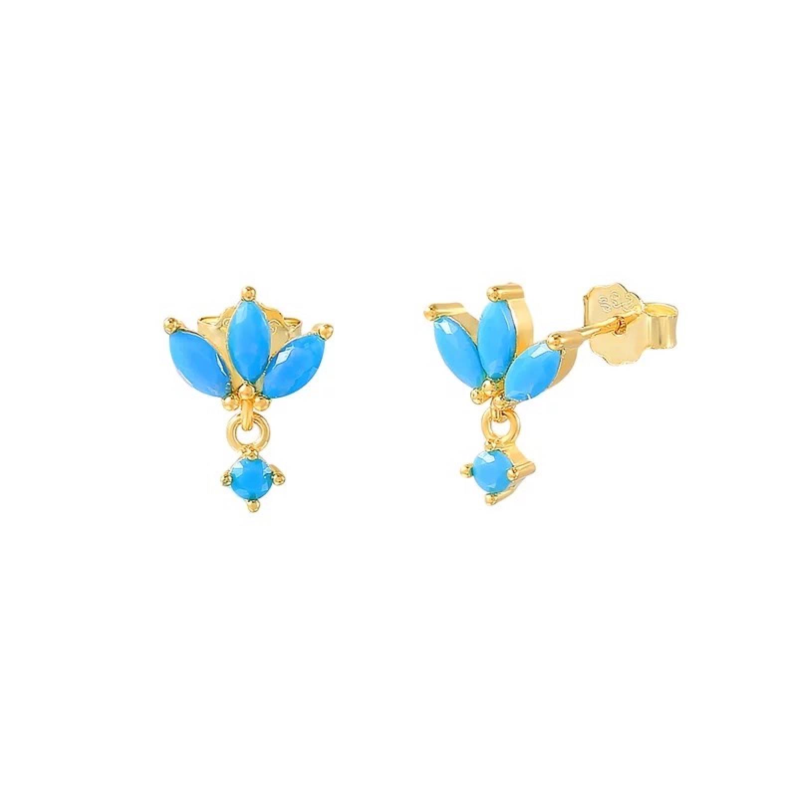 Aretes ARETIZE Flor de Plata de Ley 925 Baño en Oro de 18k Turquesas Turquesa Dorado Mujer Unitalla + Caja de Regalo 