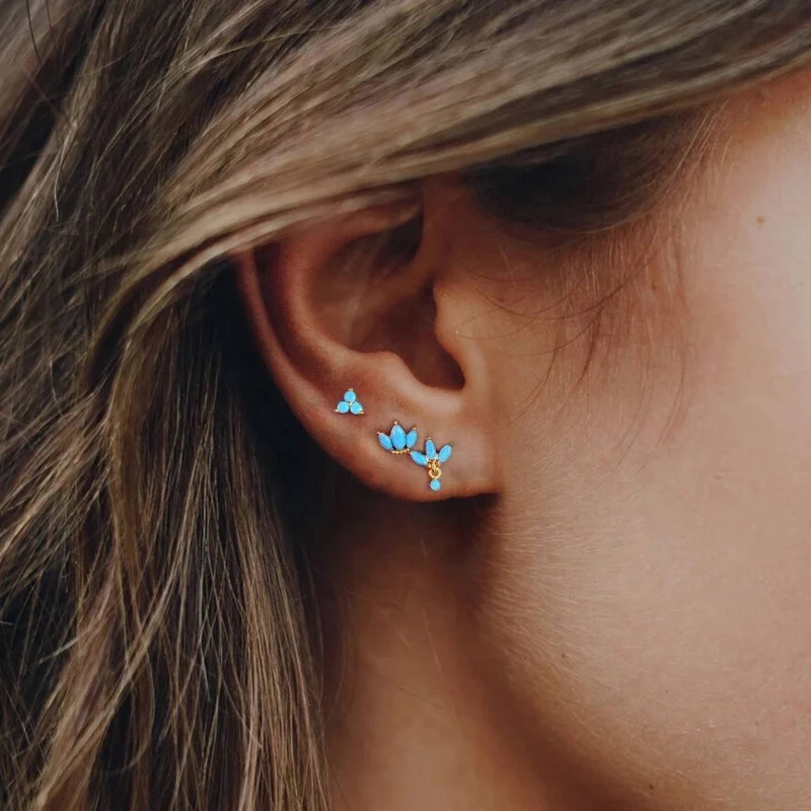 Aretes ARETIZE Flor de Plata de Ley 925 Baño en Oro de 18k Turquesas Turquesa Dorado Mujer Unitalla + Caja de Regalo 