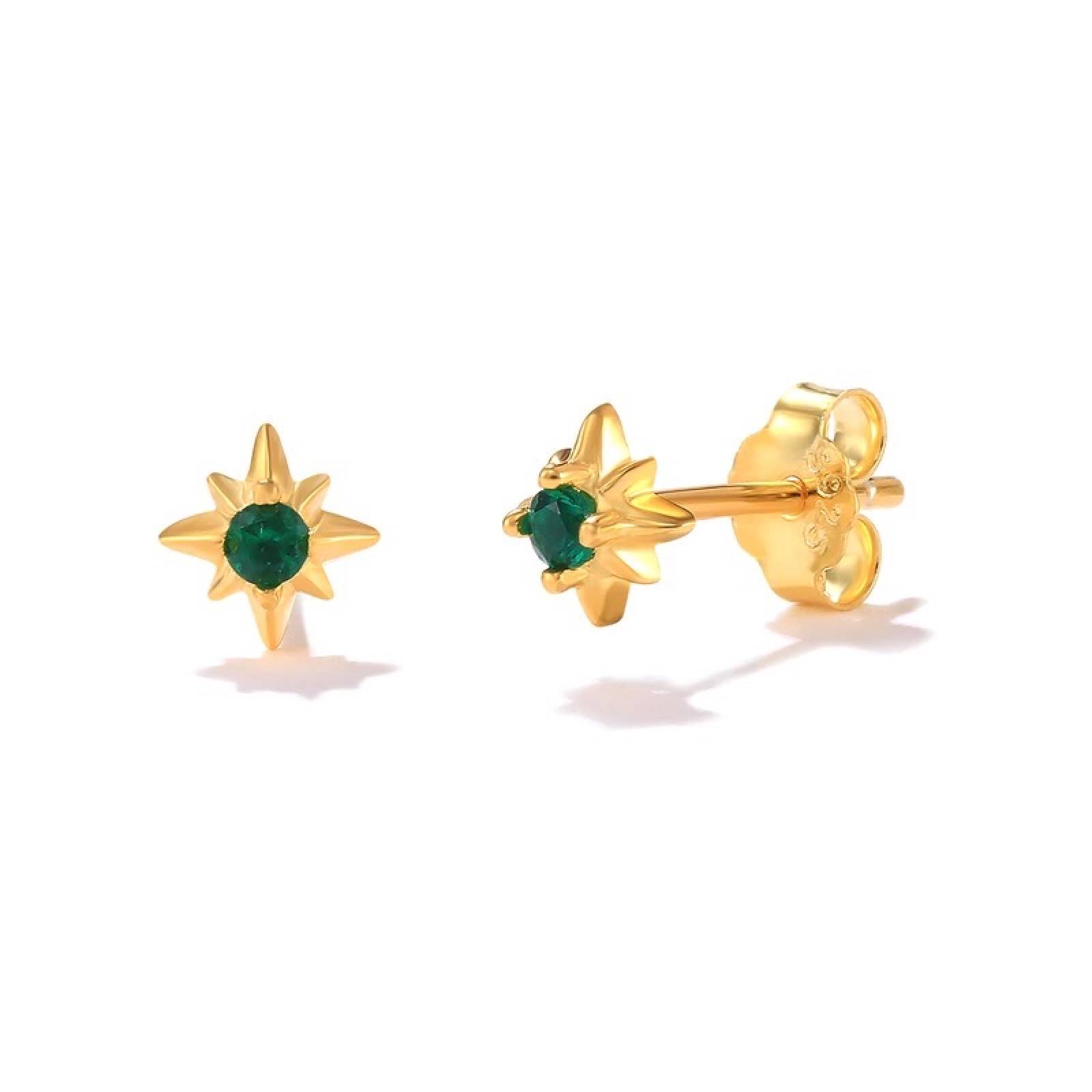 Aretes ARETIZE Estrella de Plata de Ley 925 Baño en Oro de 18k Zirconias Verde Dorado Mujer Unitalla + Caja de Regalo 
