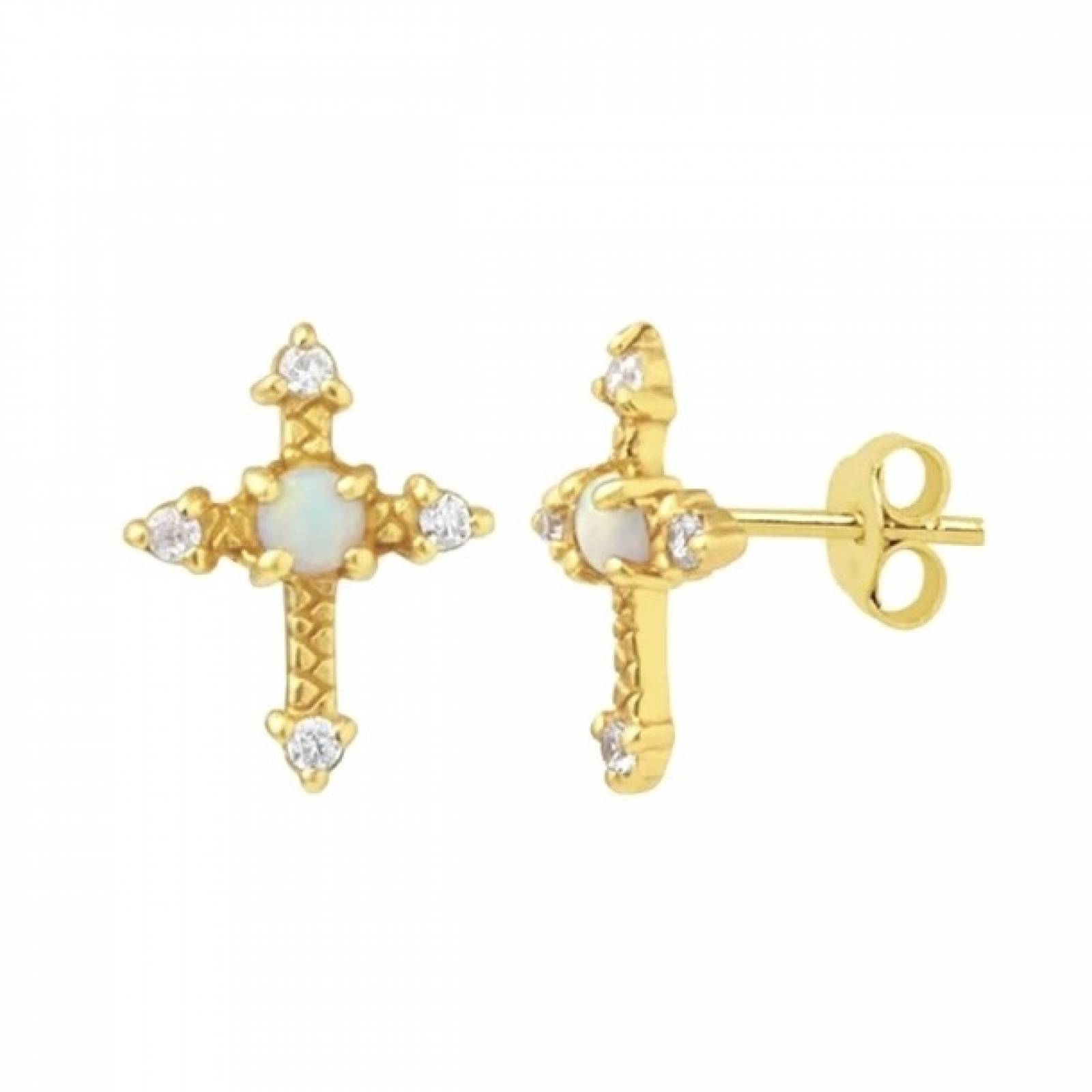 Aretes ARETIZE Cruz de Plata de Ley 925 Baño en Oro de 18k Opalo Blanco Dorado Mujer Unitalla + Caja de Regalo 
