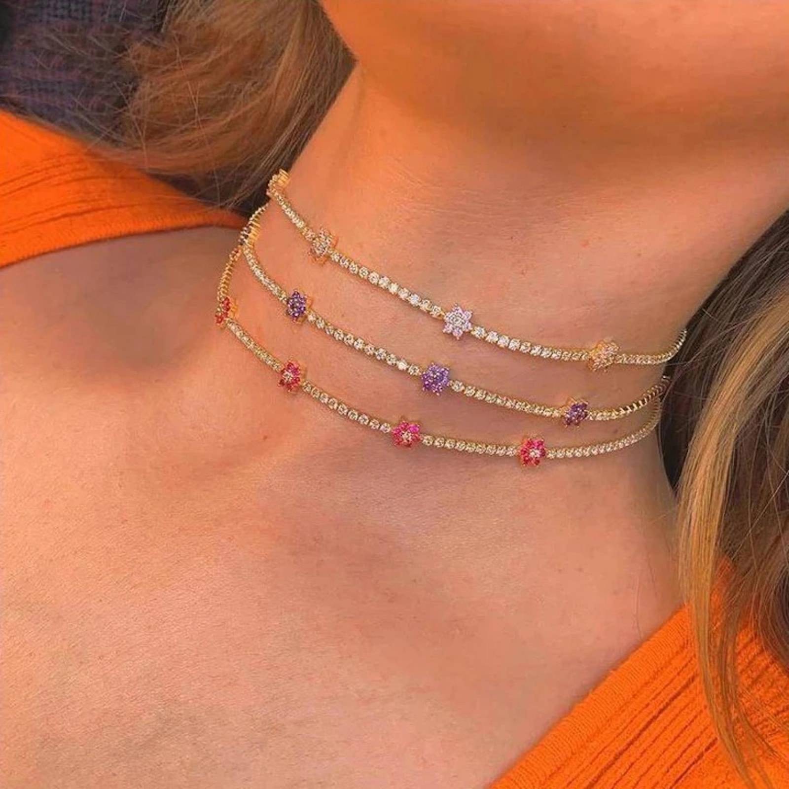 Collar ARETIZE Flores de Plata de Ley 925 Baño en Oro de 18k Zirconias Dorado Mujer Unitalla + Caja de Regalo 