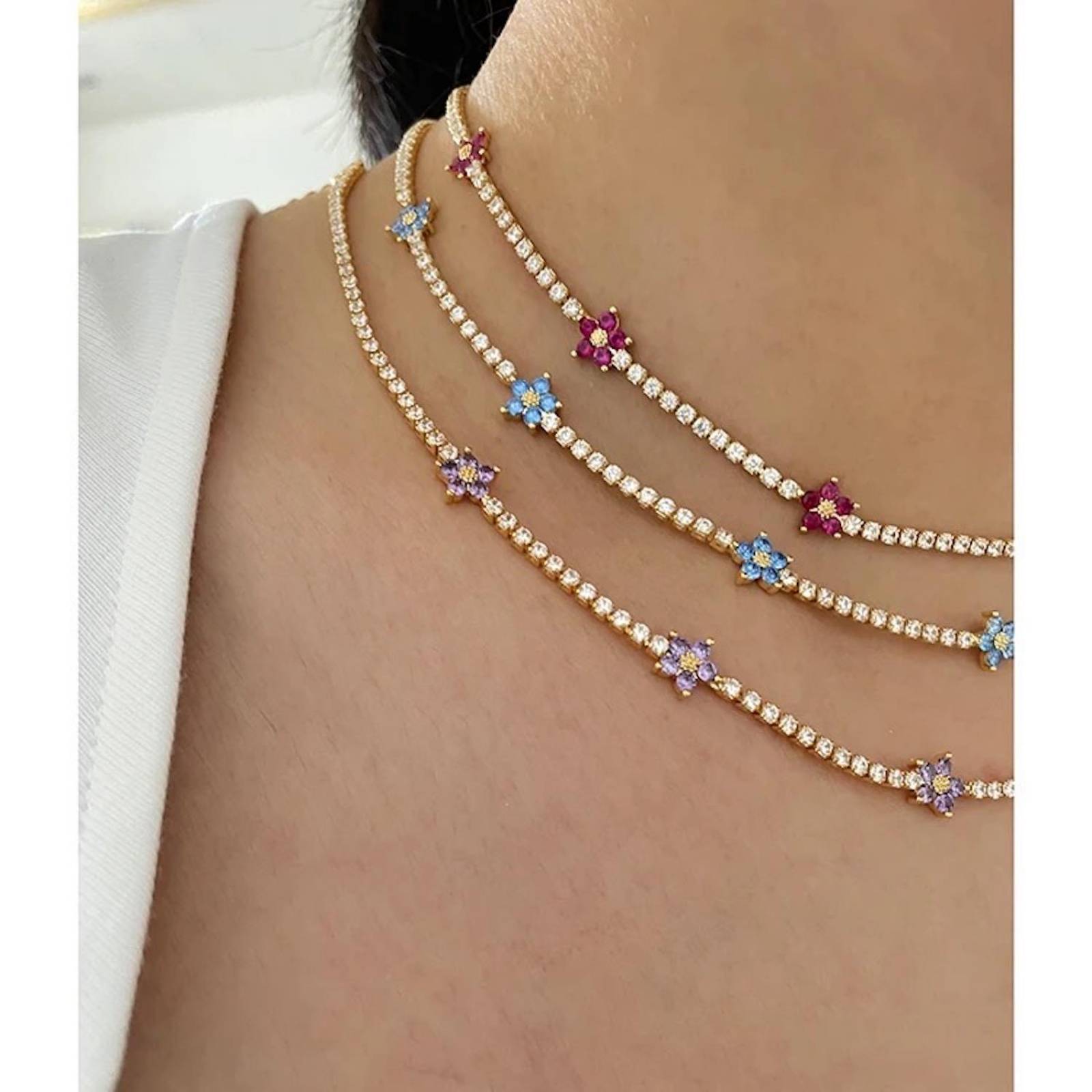 Collar ARETIZE Flores de Plata de Ley 925 Baño en Oro de 18k Zirconias Dorado Mujer Unitalla + Caja de Regalo 