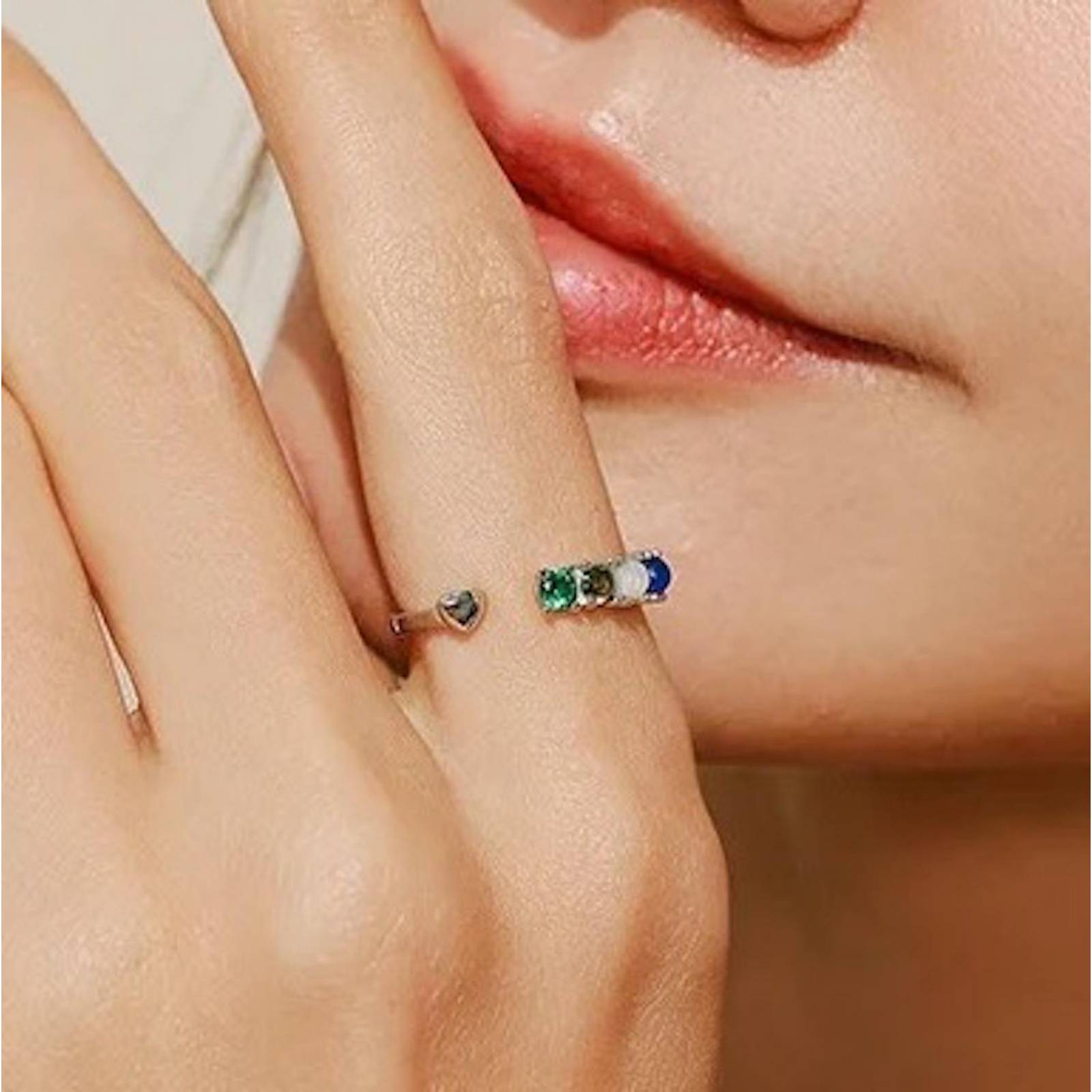 Anillo ARETIZE Corazon abierto de Plata de Ley 925 Ópalo y Zirconias Verde Plateado Talla 5 Mujer + Caja de Talla: 5