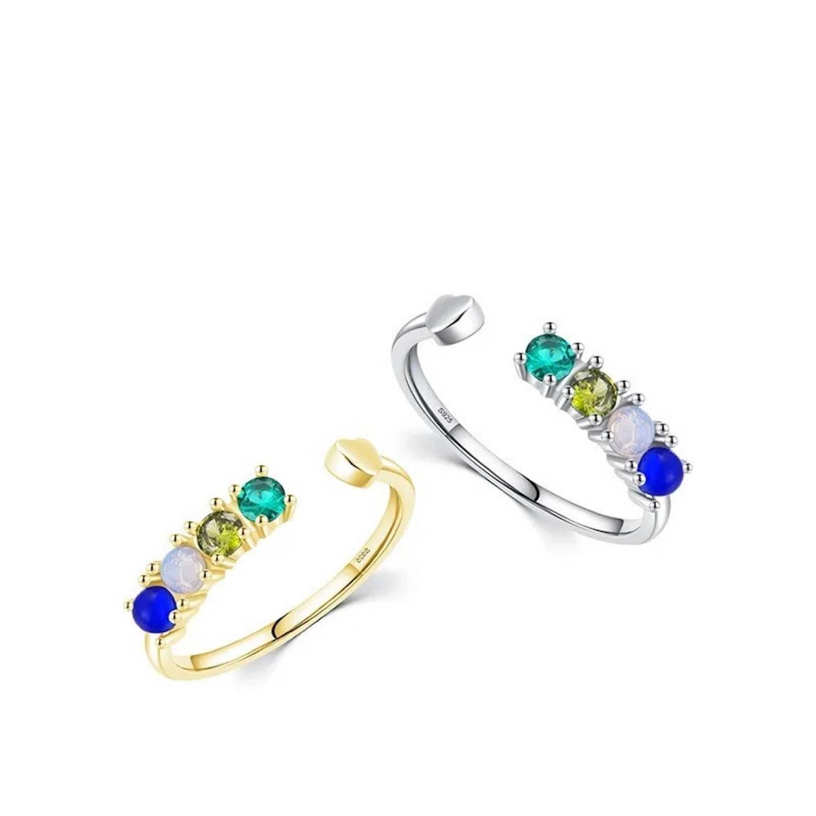 Anillo ARETIZE Corazon abierto de Plata de Ley 925 Ópalo y Zirconias Verde Plateado Talla 5 Mujer + Talla: 7 Talla 7