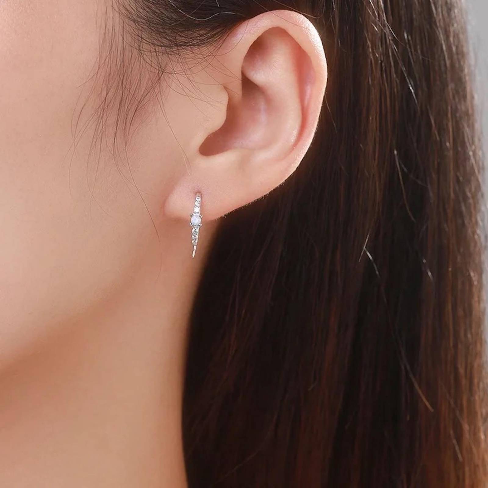 Aretes ARETIZE Pequeños de Plata de Ley 925 Ópalo y Zirconias Plateado Mujer Ajustable + Caja de Regalo 