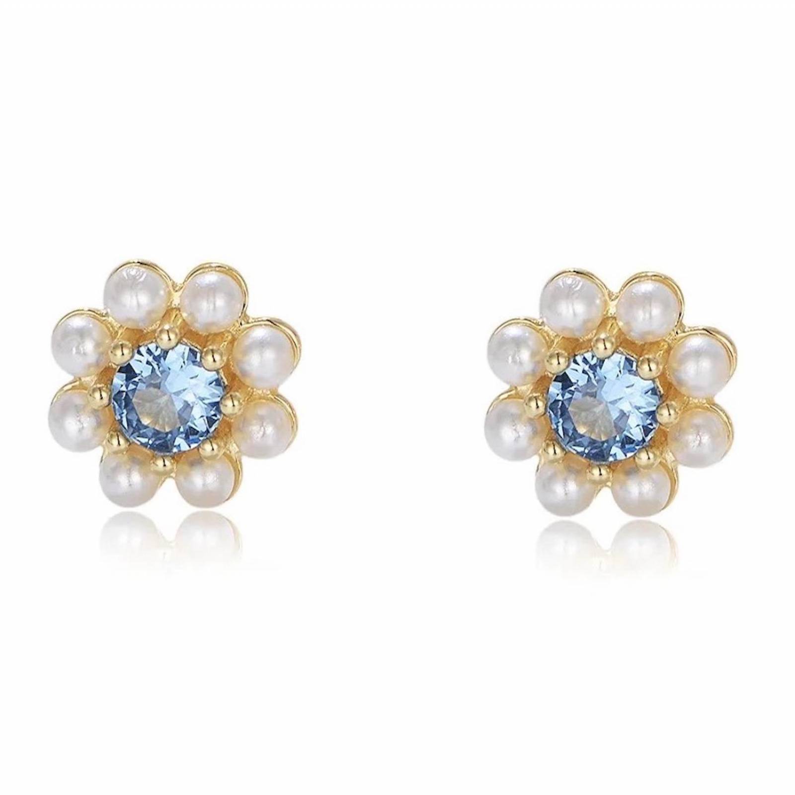 Aretes ARETIZE Flor de Plata de Ley 925 Baño en Oro de 18k Zirconias y Perlas Blanco Dorado Mujer Unitalla + Caja de 